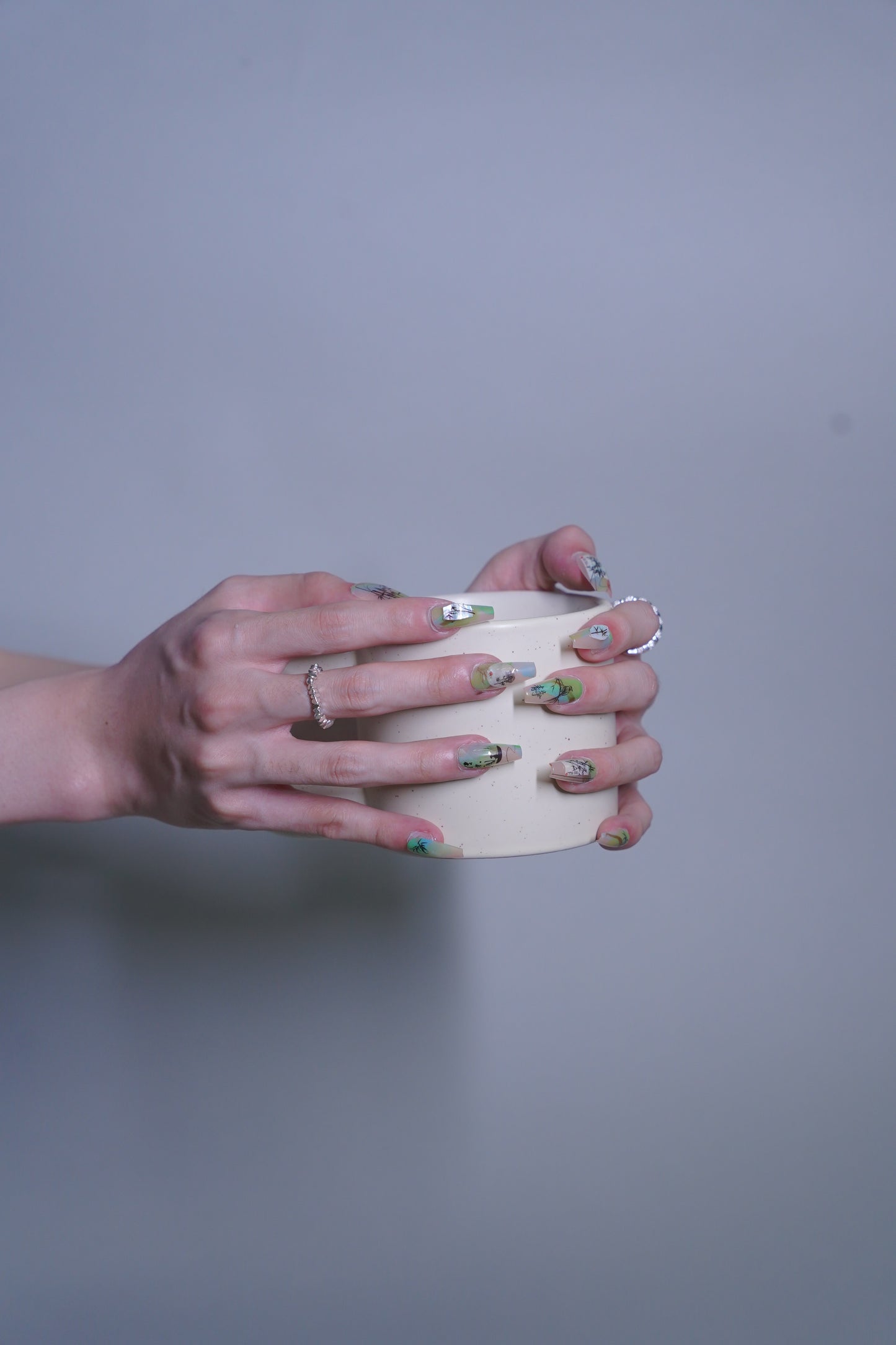 Long Coffin Neo-Chinese Bamboo With 3D Accessories Press On Nails