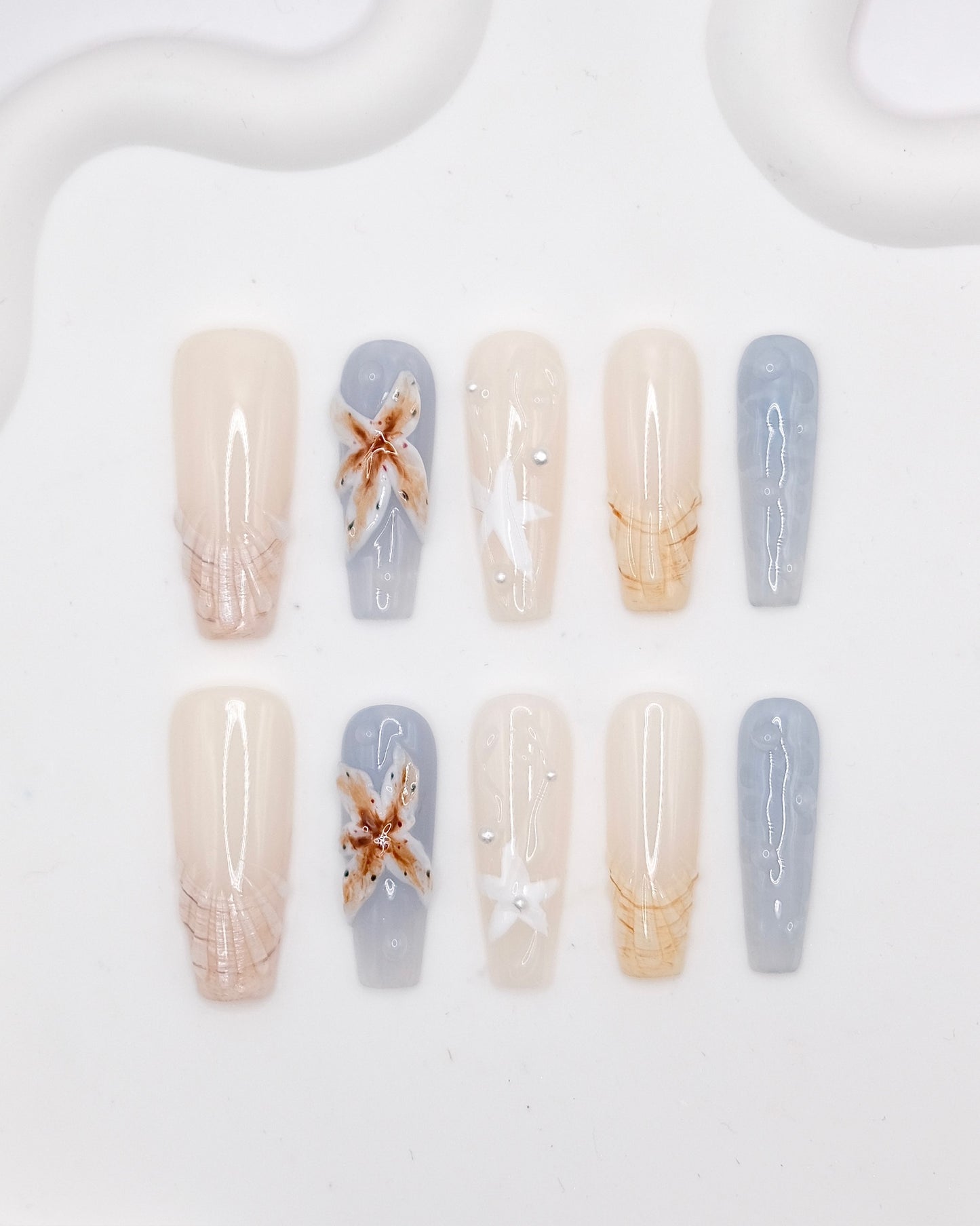 Extra Long Coffin Nude Color & Blue Rafflesia Press On Nails