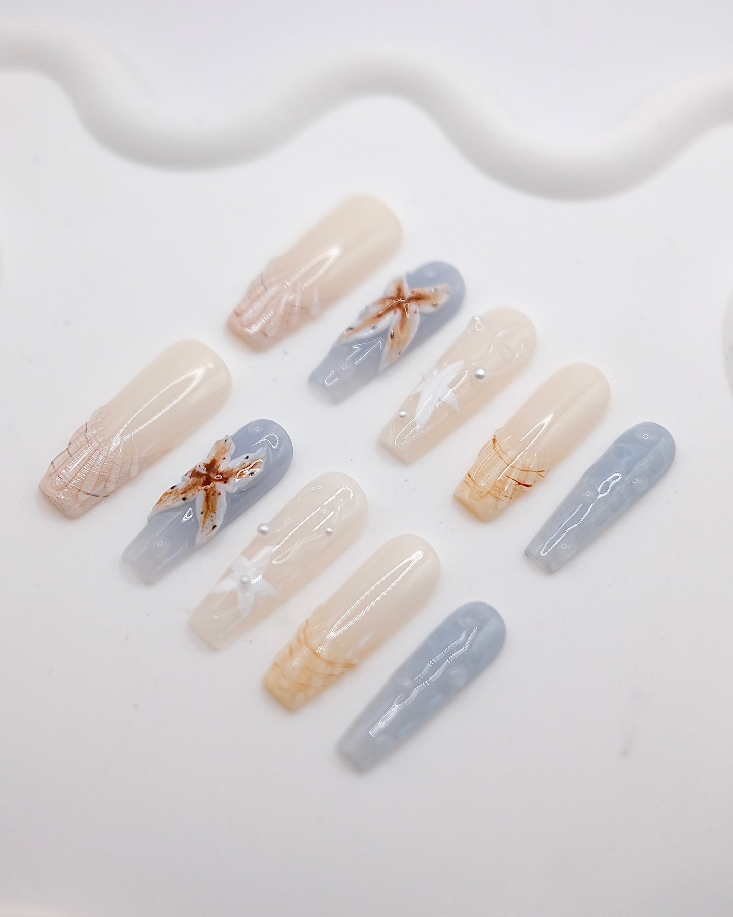 Extra Long Coffin Nude Color & Blue Rafflesia Press On Nails