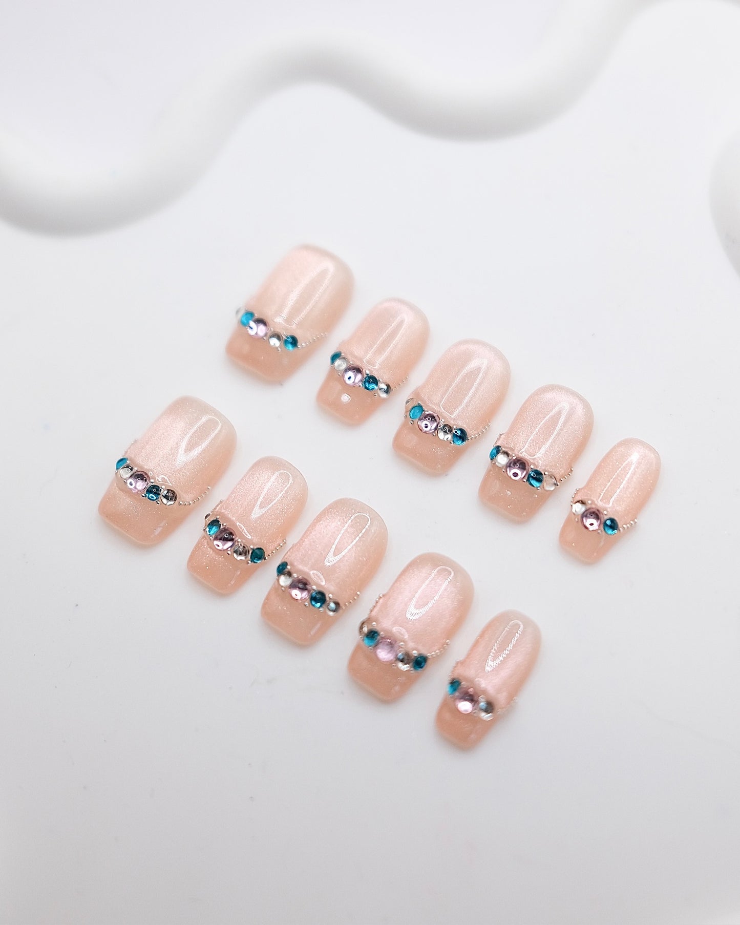 Short Coffin Pink Cateye With Jade French Manicure Press On Nails