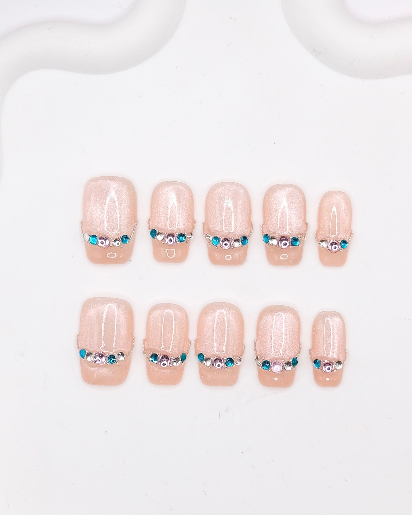 Short Coffin Pink Cateye With Jade French Manicure Press On Nails