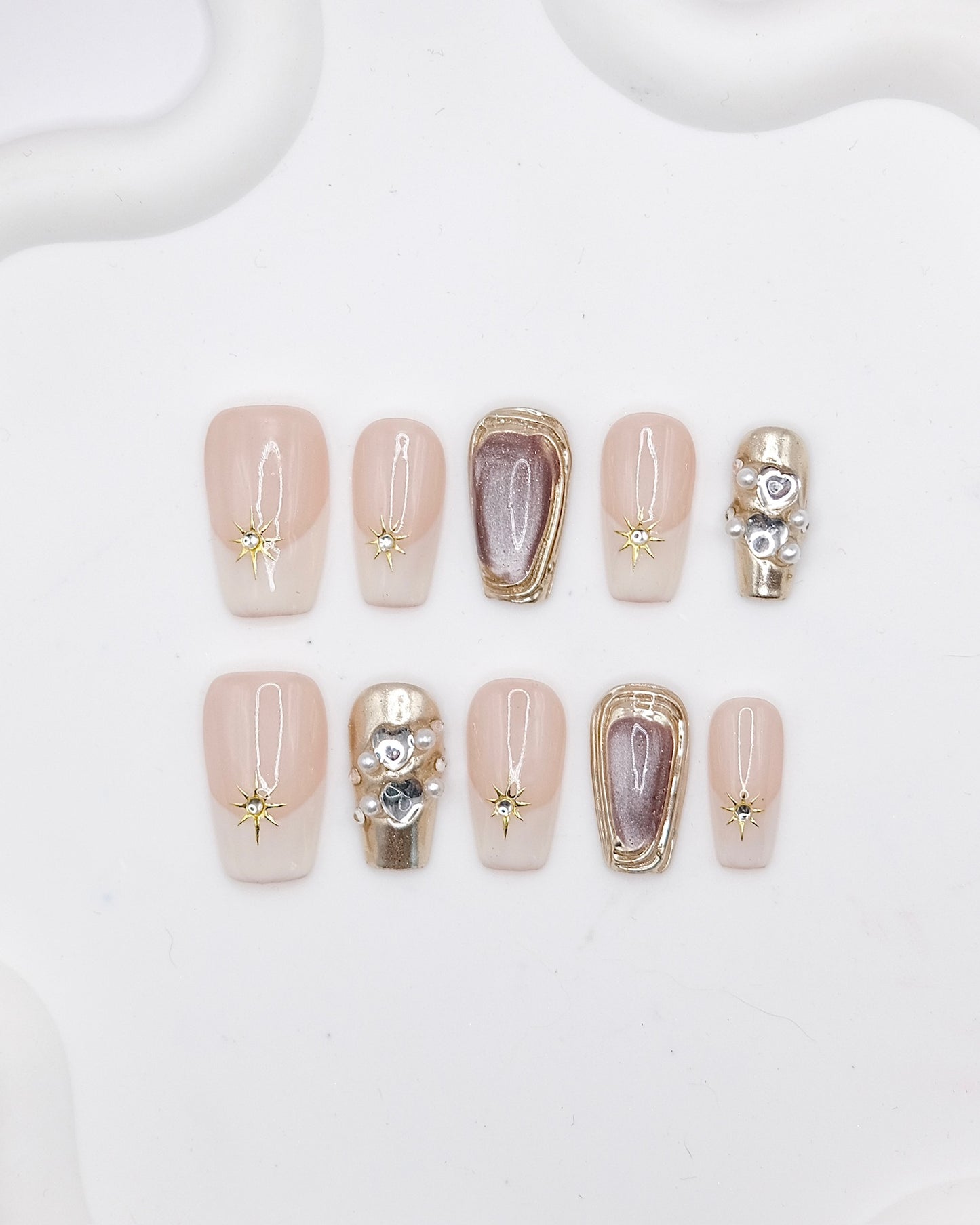 Mid-Long Coffin Nude Color Magic Mirror With Diamond Press On Nails