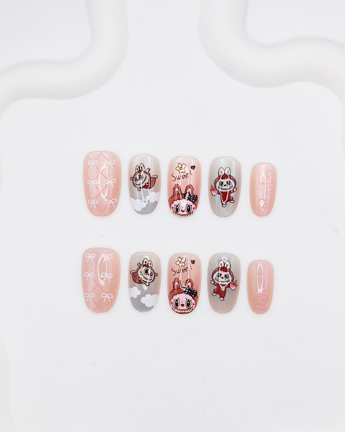 Short Oval Pink & Grey Cute LABUBU Press On Nails