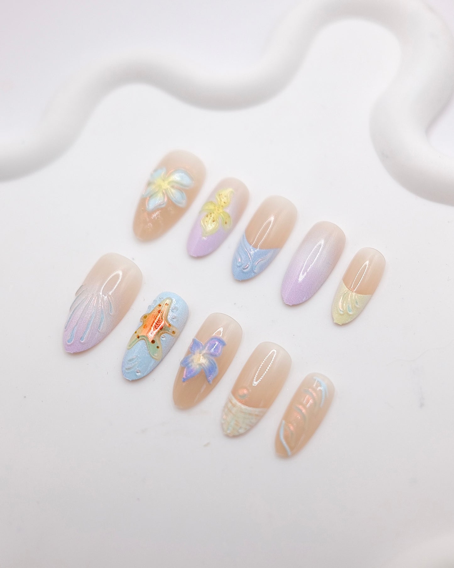 Long Oval Colorful Summer Flower French Manicure Press On Nails