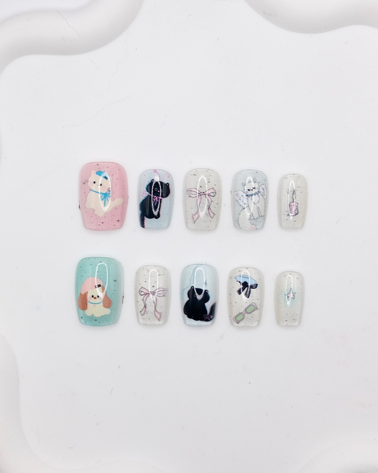 Short Coffin White Kitty & Puppy With Bowtie Press On Nails
