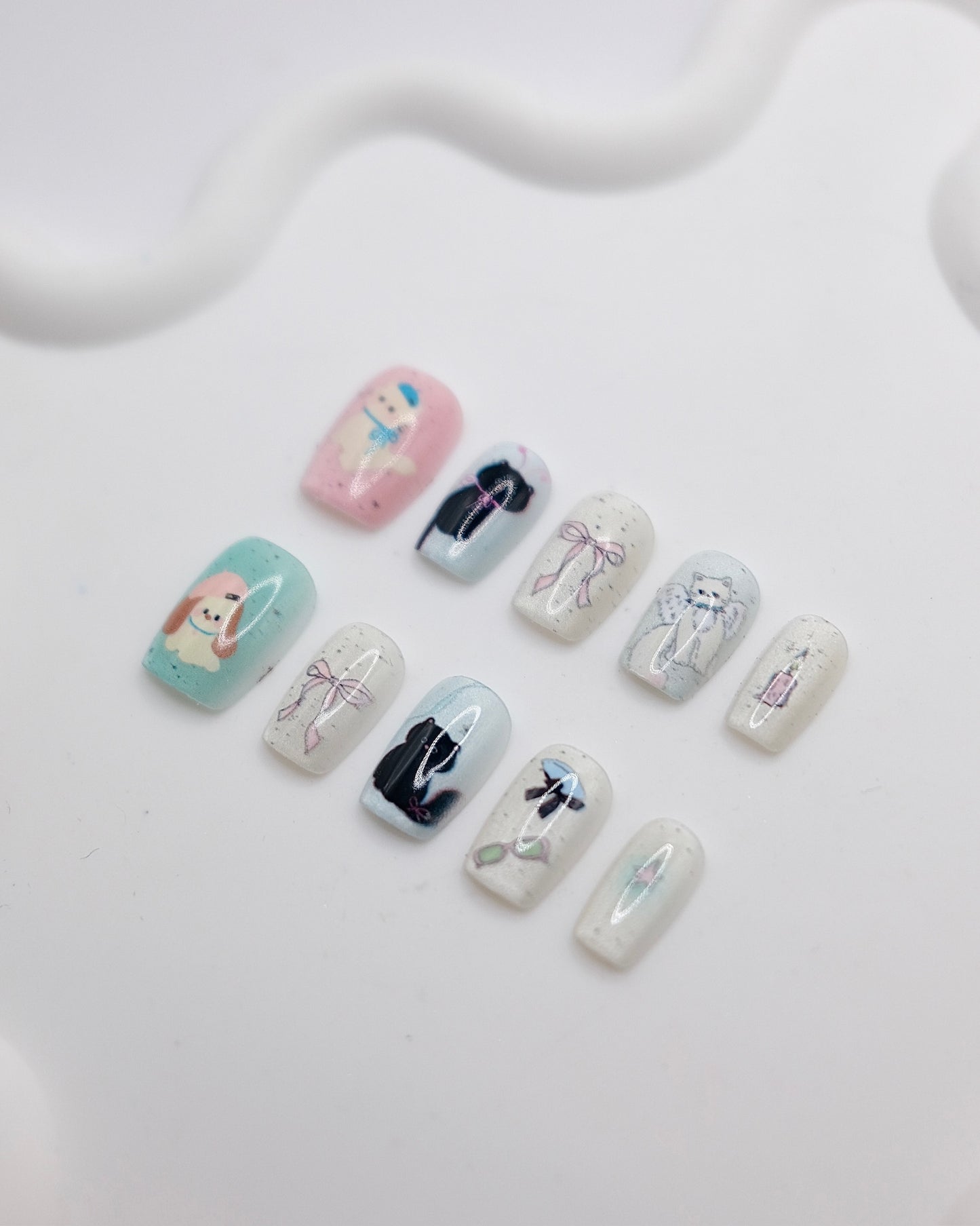 Short Coffin White Kitty & Puppy With Bowtie Press On Nails