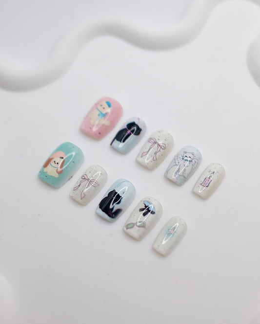 Short Coffin White Kitty & Puppy With Bowtie Press On Nails