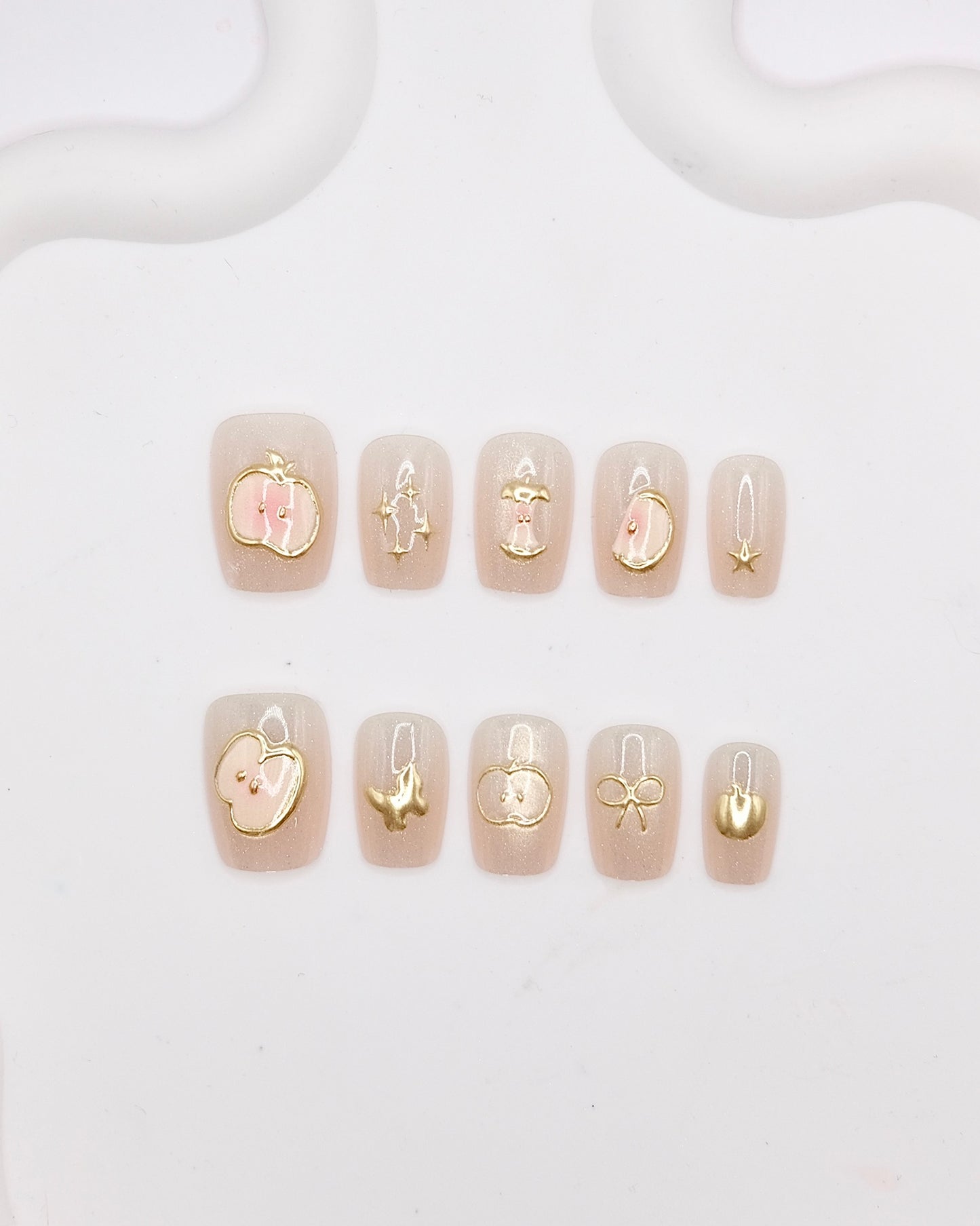 Short Coffin Nude Color Gold Apple Press On Nails