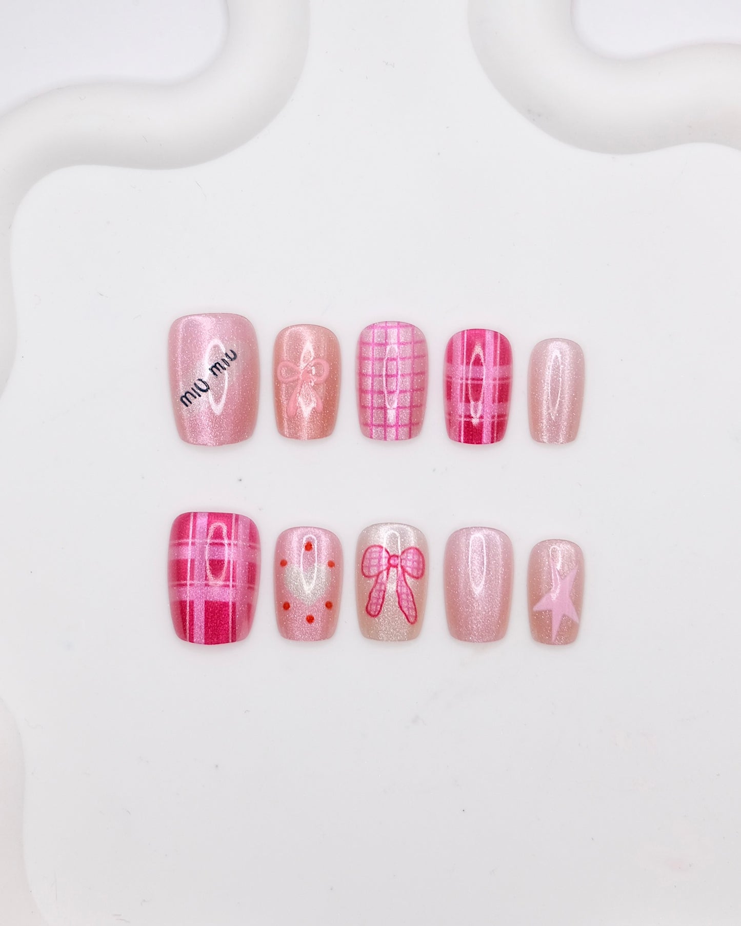 Short Coffin Pink Shiny Bowtie Press On Nails