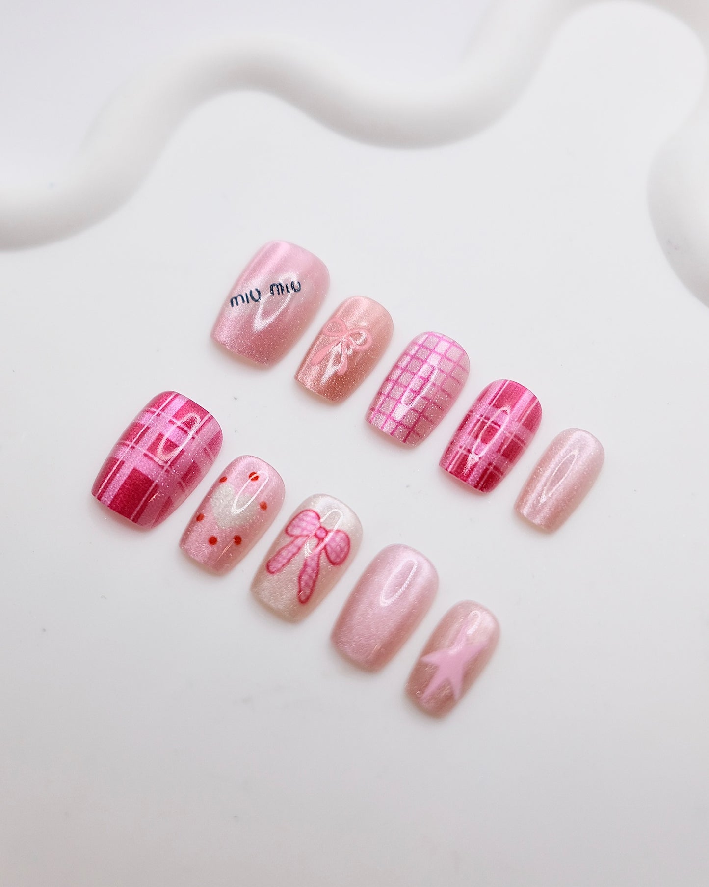 Short Coffin Pink Shiny Bowtie Press On Nails