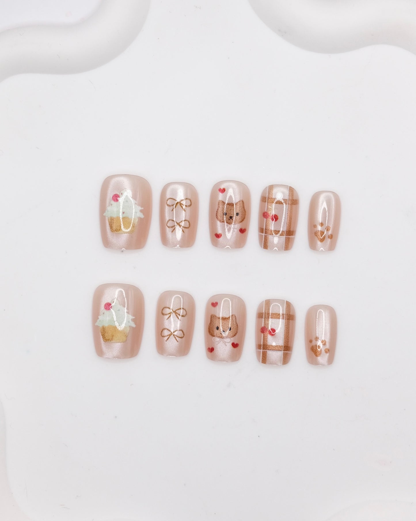 Short Coffin Nude Color Cupcakes & Cute Bear Press On Nails