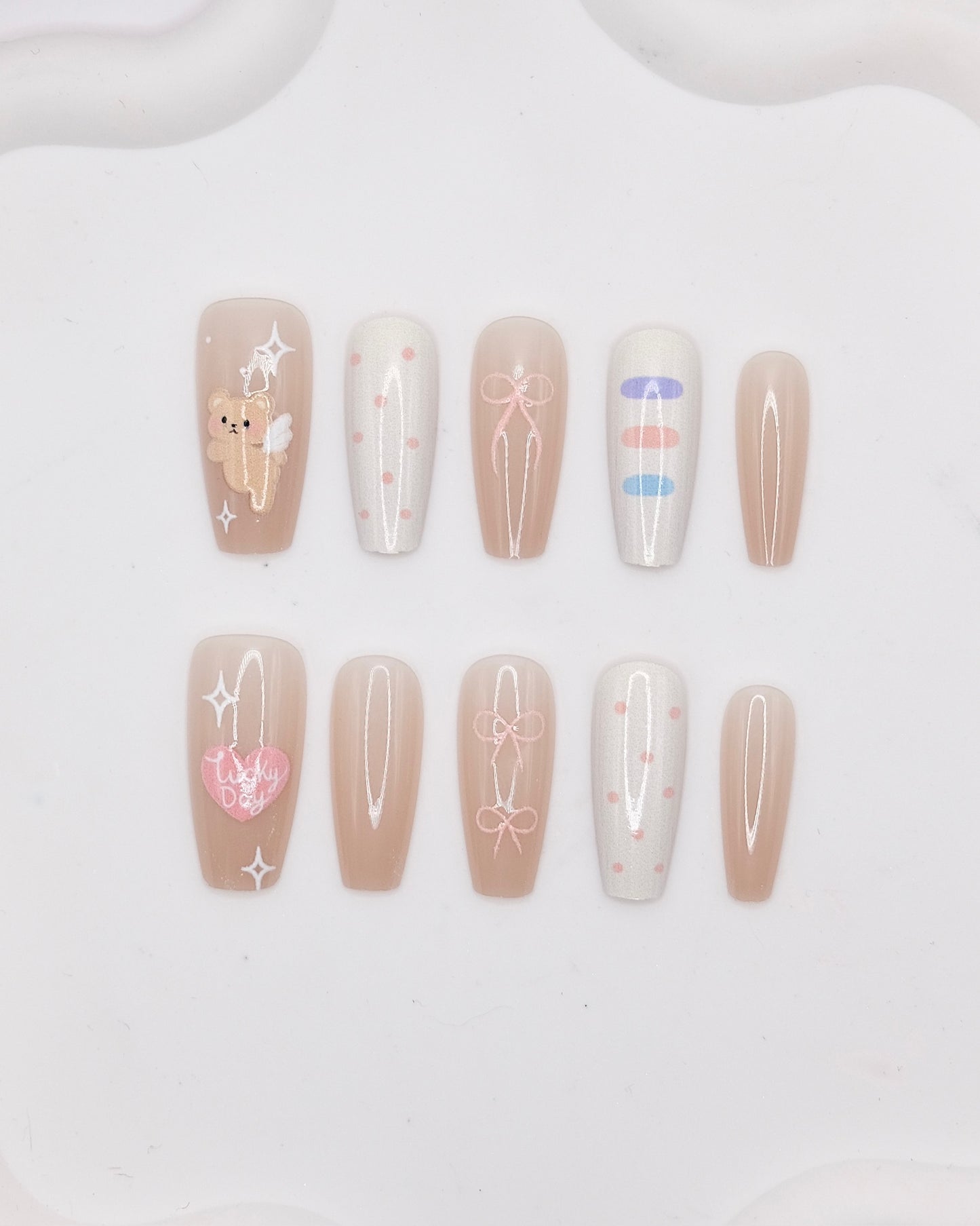 Long Coffin Nude & White Cute Angel Bear Press On Nails