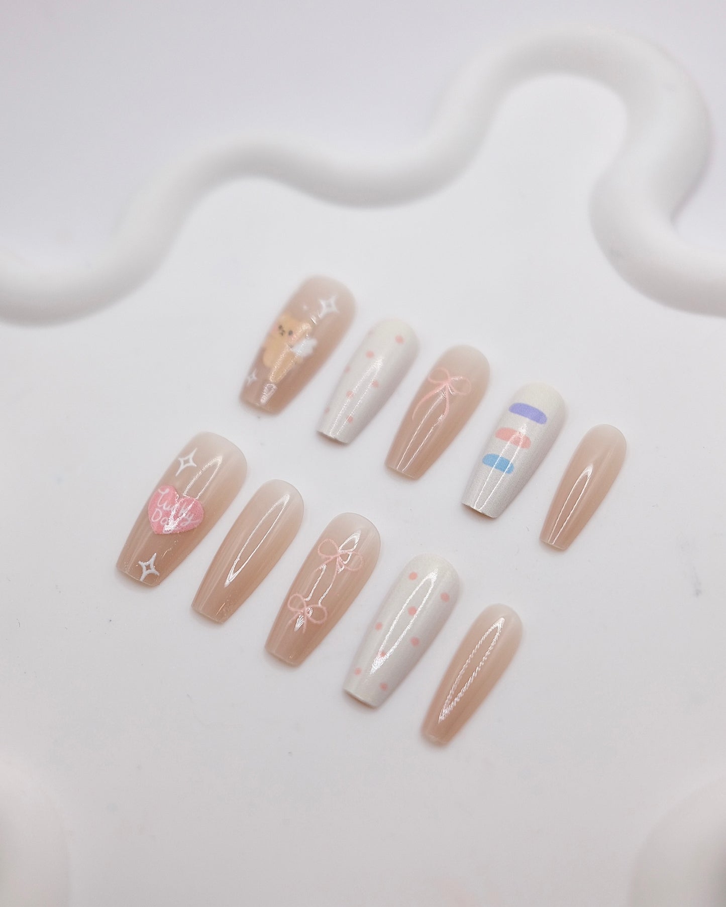 Long Coffin Nude & White Cute Angel Bear Press On Nails