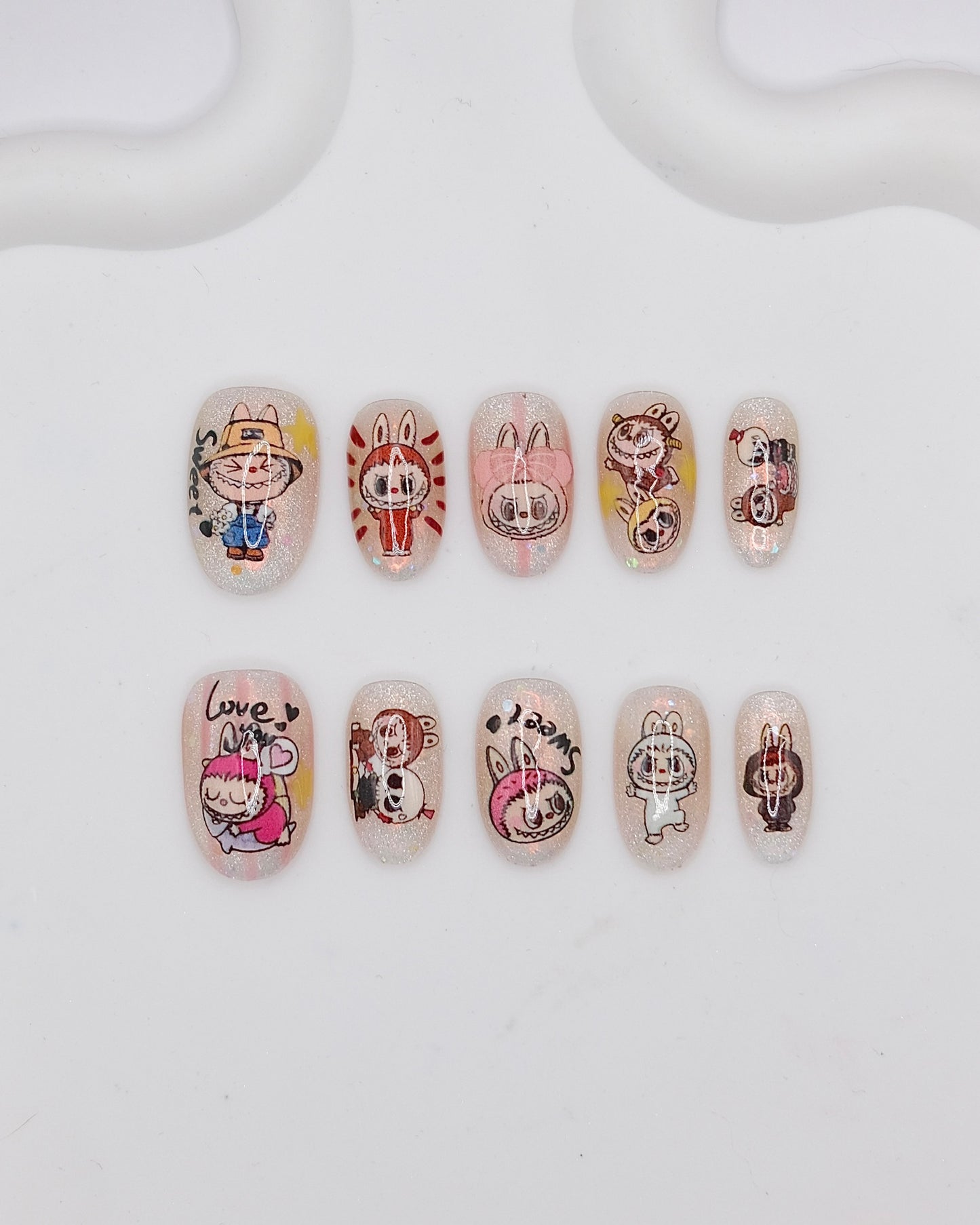 Short Oval Cateye Light Pink LABUBU Press On Nails