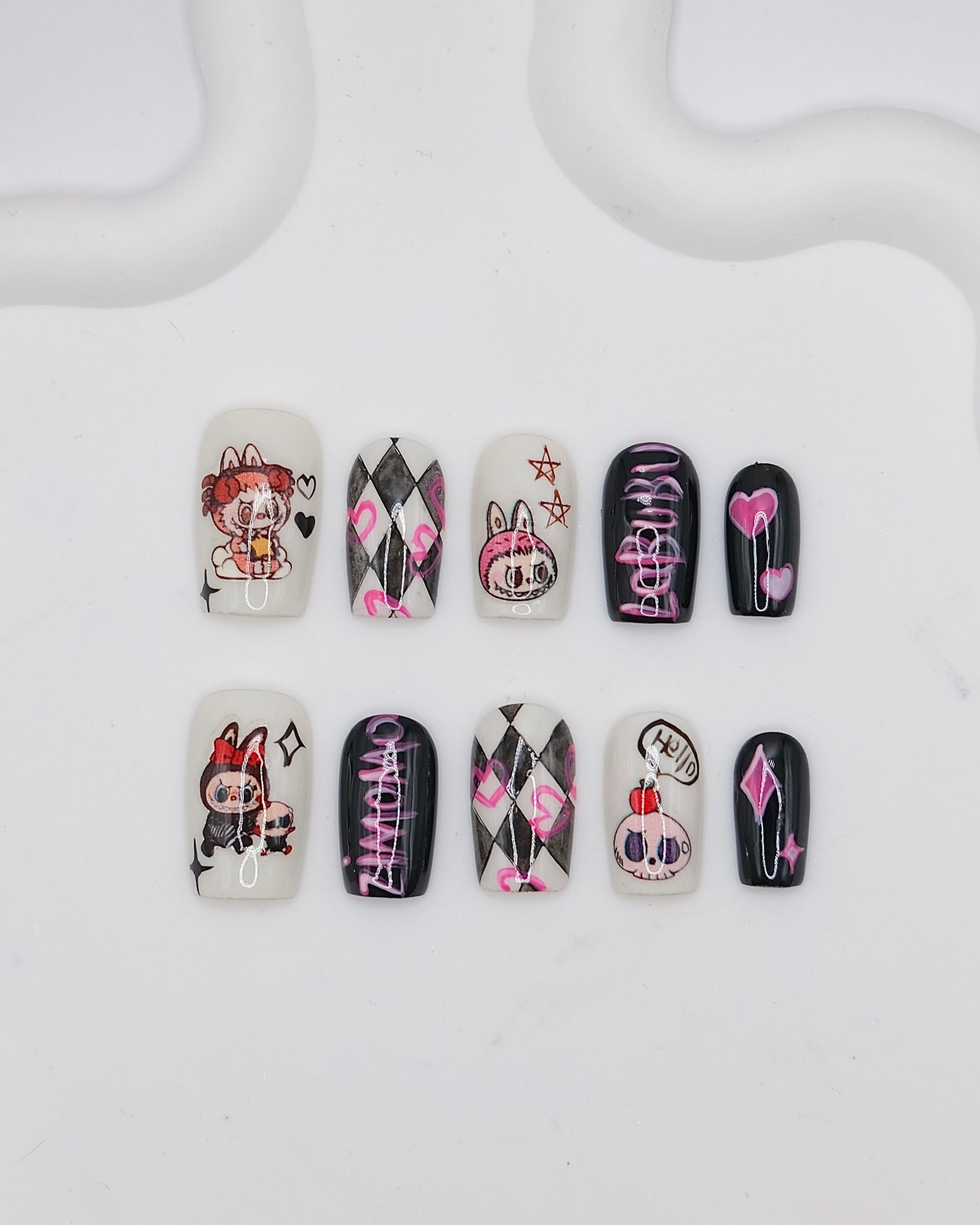 Short Coffin White & Black Cute LABUBU Press On Nails