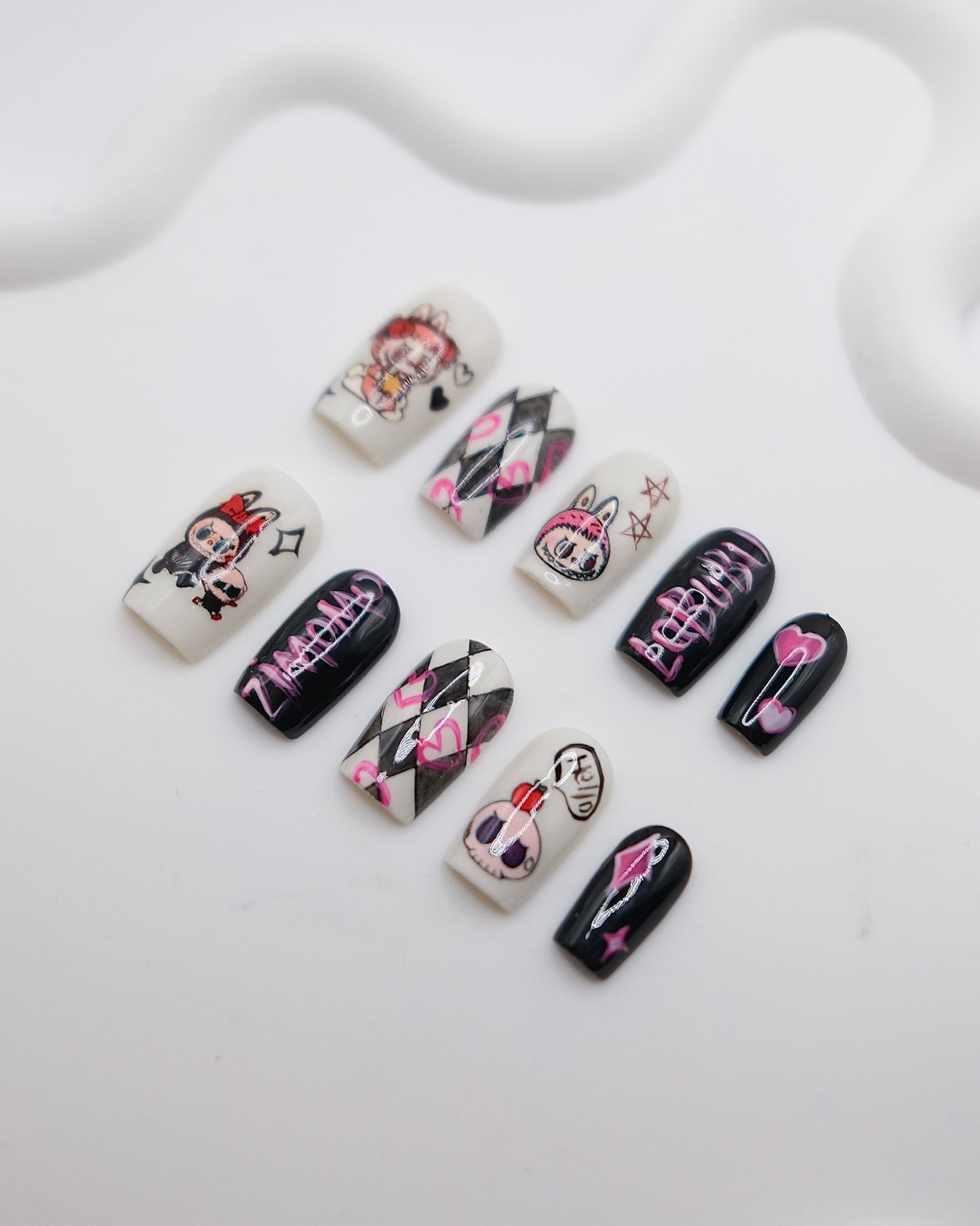 Short Coffin White & Black Cute LABUBU Press On Nails
