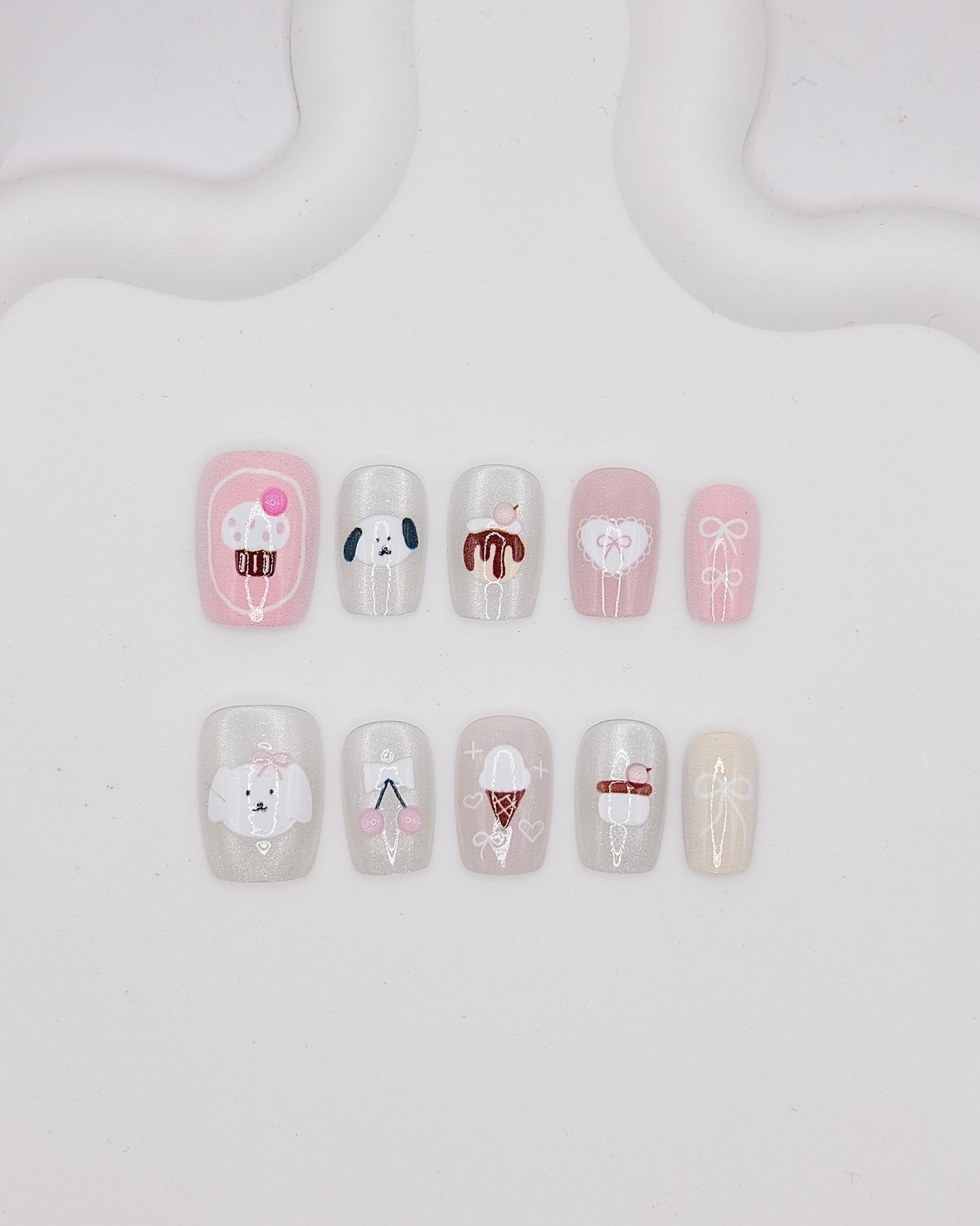 Short Coffin Milky Puppy Dessert Press On Nails