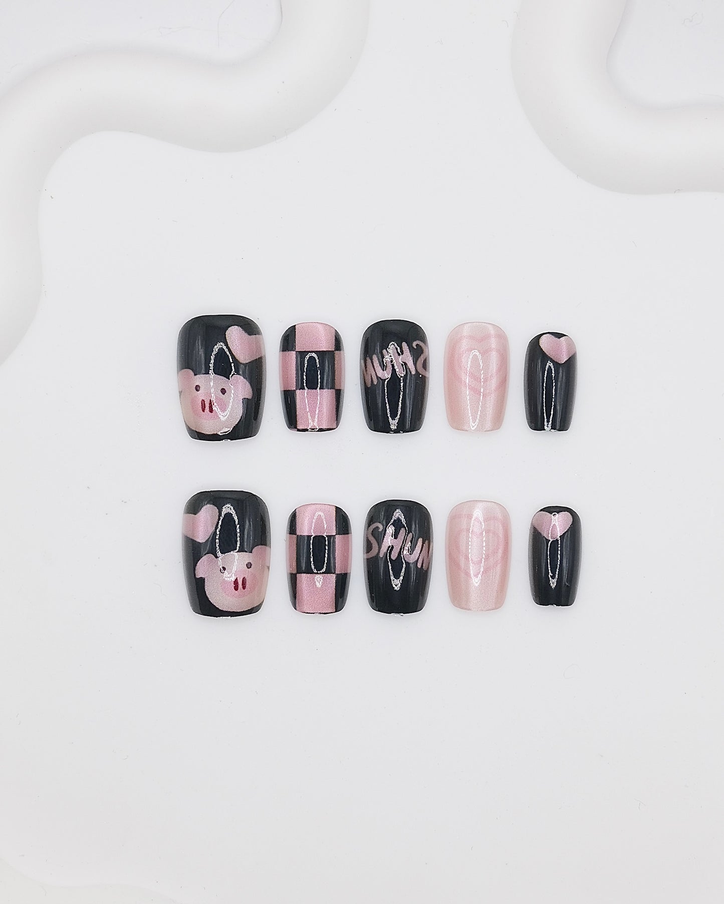 Short Coffin Black Pink Piggy Press On Nails