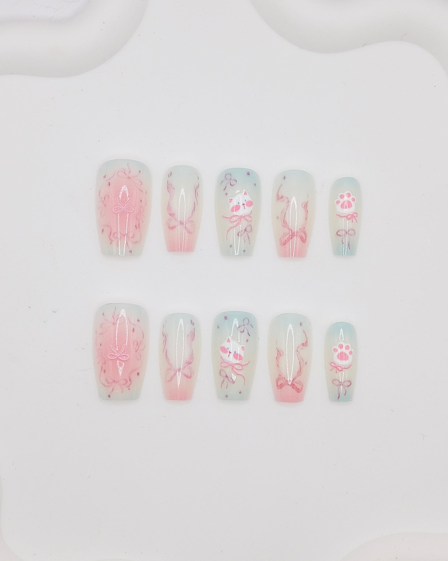 Long Coffin Pink Bow Kitty Press On Nails