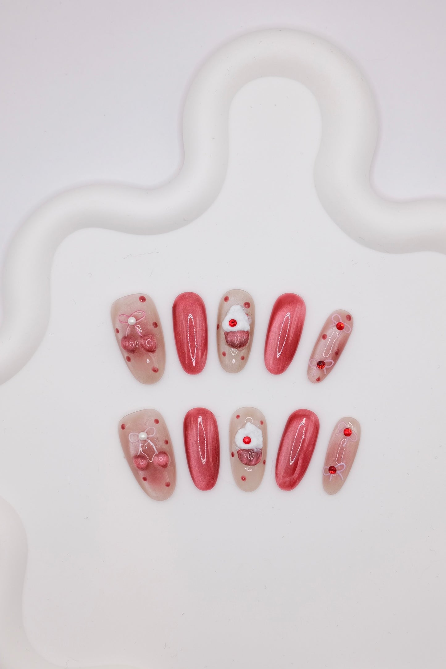 Mid-Long Oval Red Love Heart & Cupcakes Press On Nails