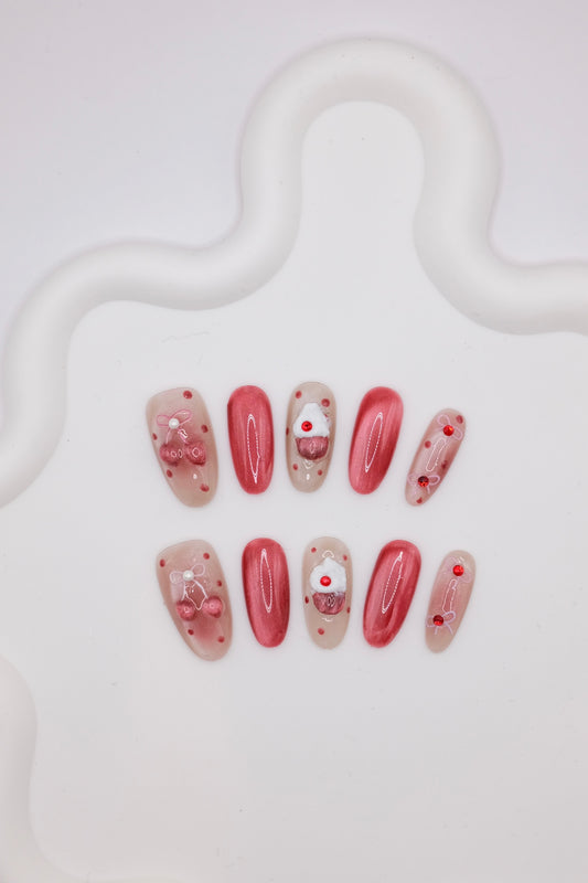 Mid-Long Oval Red Love Heart & Cupcakes Press On Nails