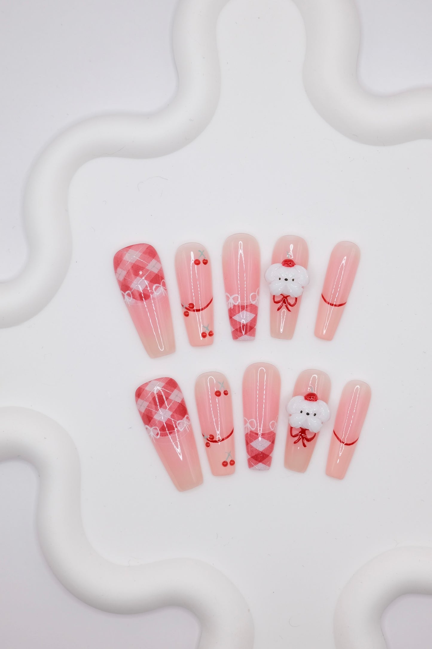Extra Long Coffin Pink 3D Cute Maltese French Manicure Press On Nails