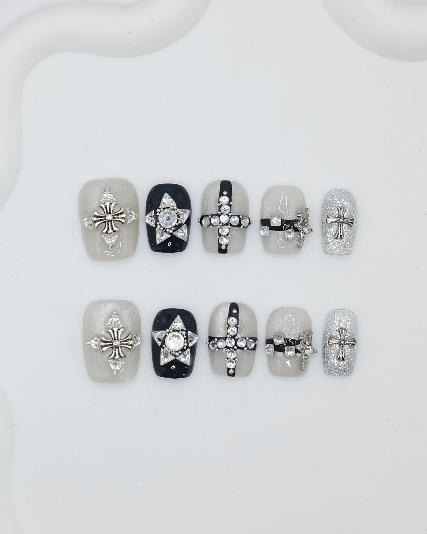 Short Coffin Silver Cross Rhinestone Press On Nails