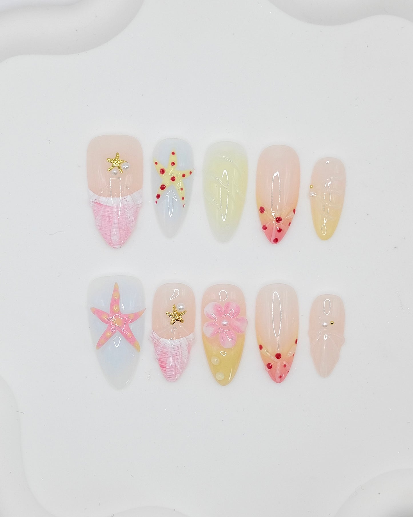 Long Almond Pastel Starfish Flower Press On Nails
