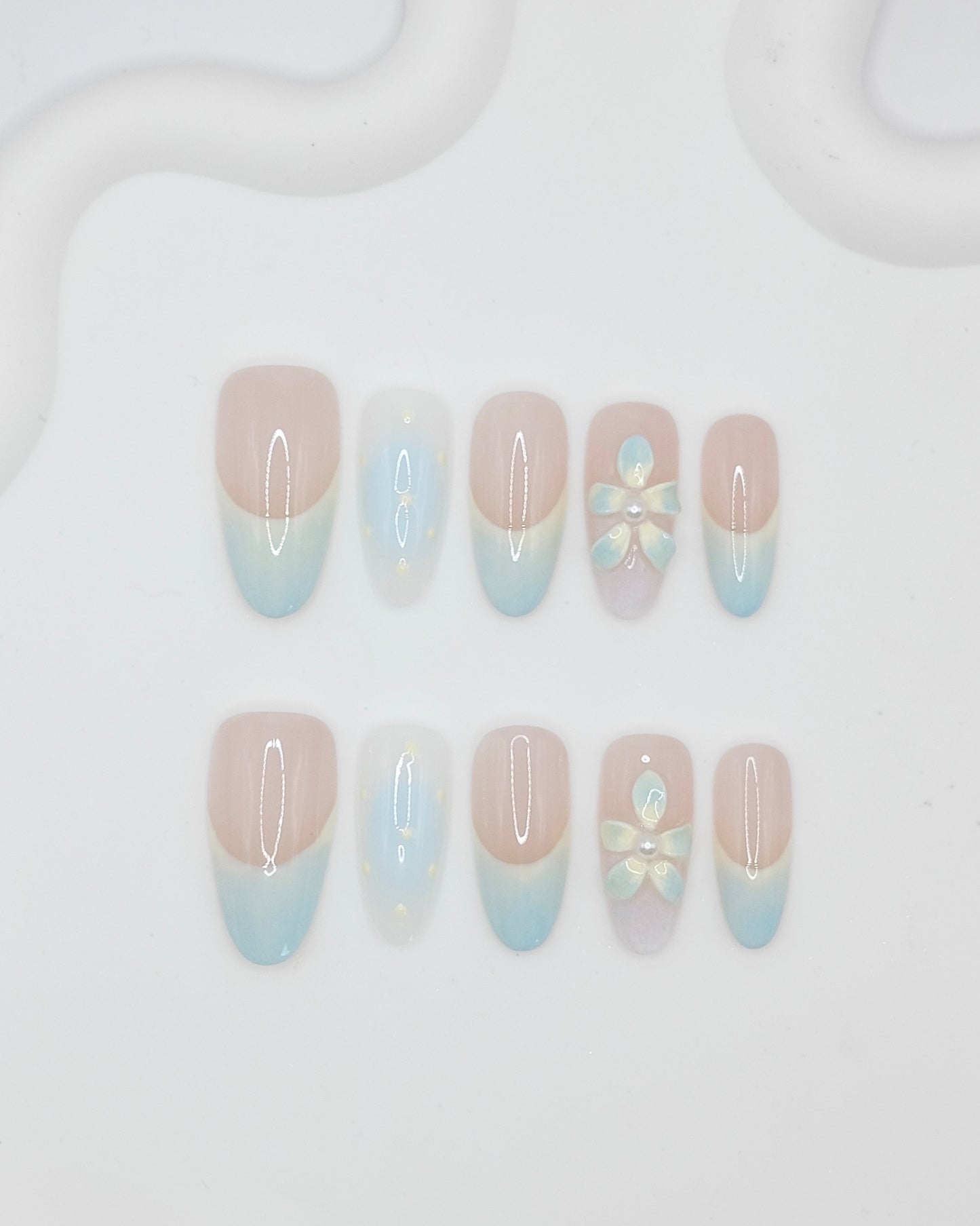 Long Almond Mint Blue Flower French Press On Nails