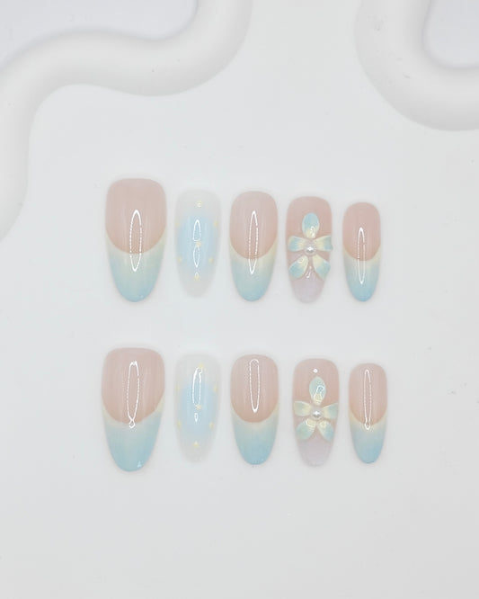 Long Almond Mint Blue Flower French Press On Nails