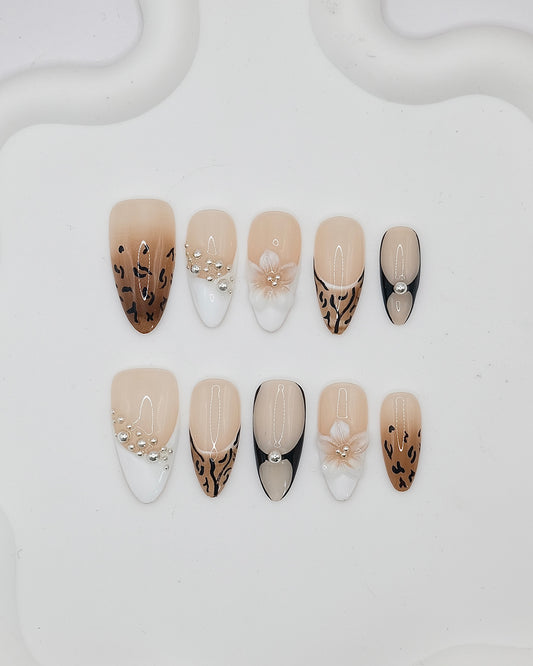 Long Almond Leopard Pearl Flower Press On Nails