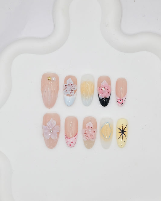 Long Almond Sakura Blossom Press On Nails