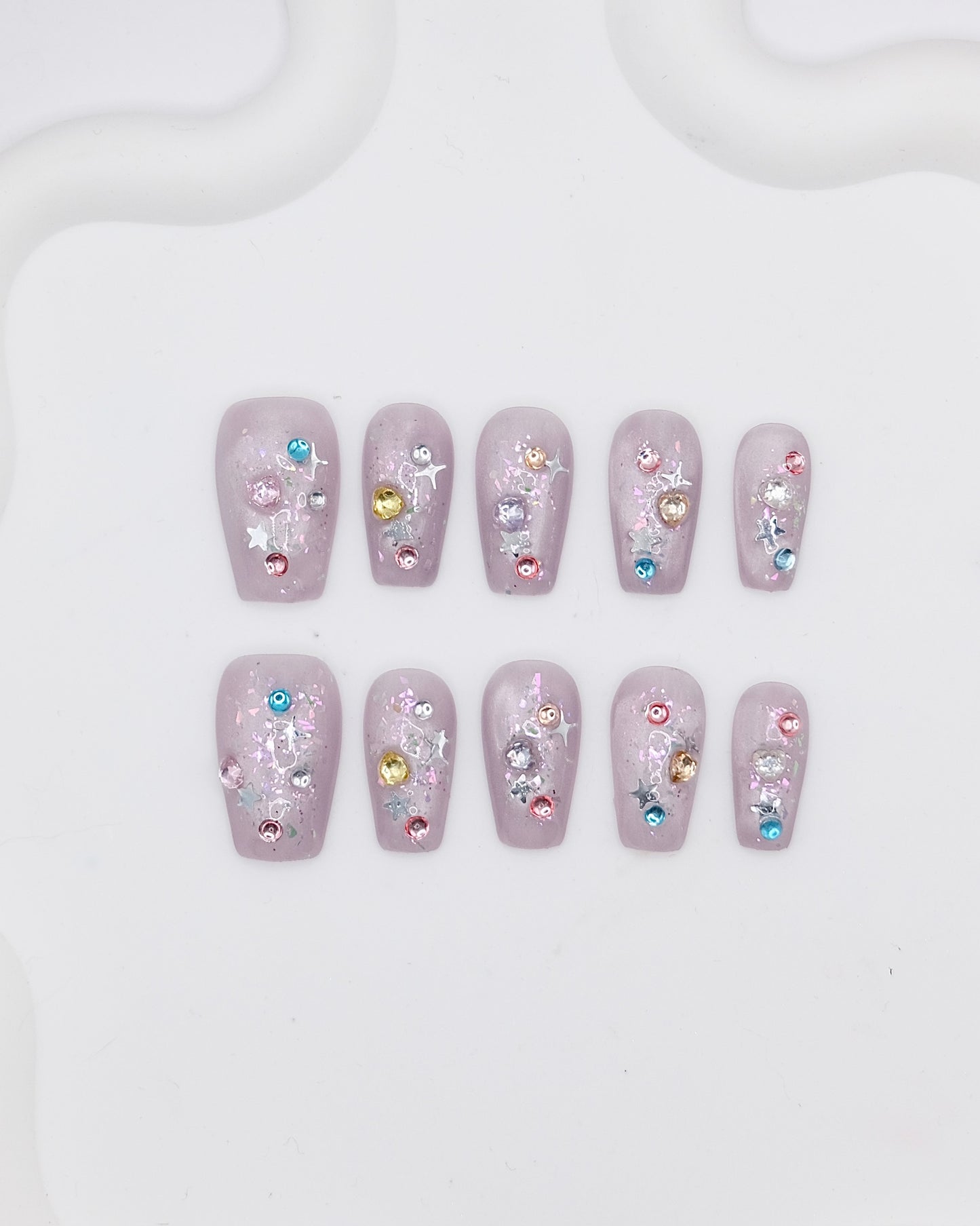 Mid-Long Coffin Purple Cateye Colorful Gem Press On Nails