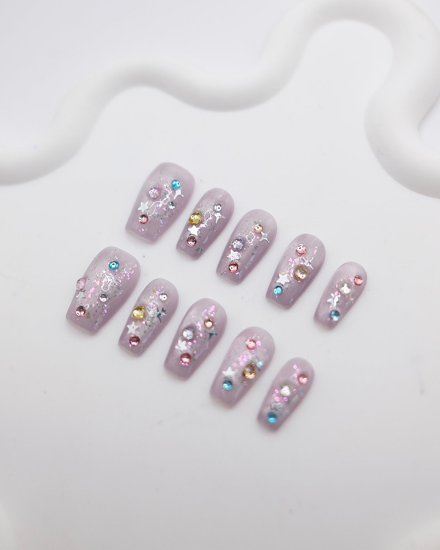 Mid-Long Coffin Purple Cateye Colorful Gem Press On Nails