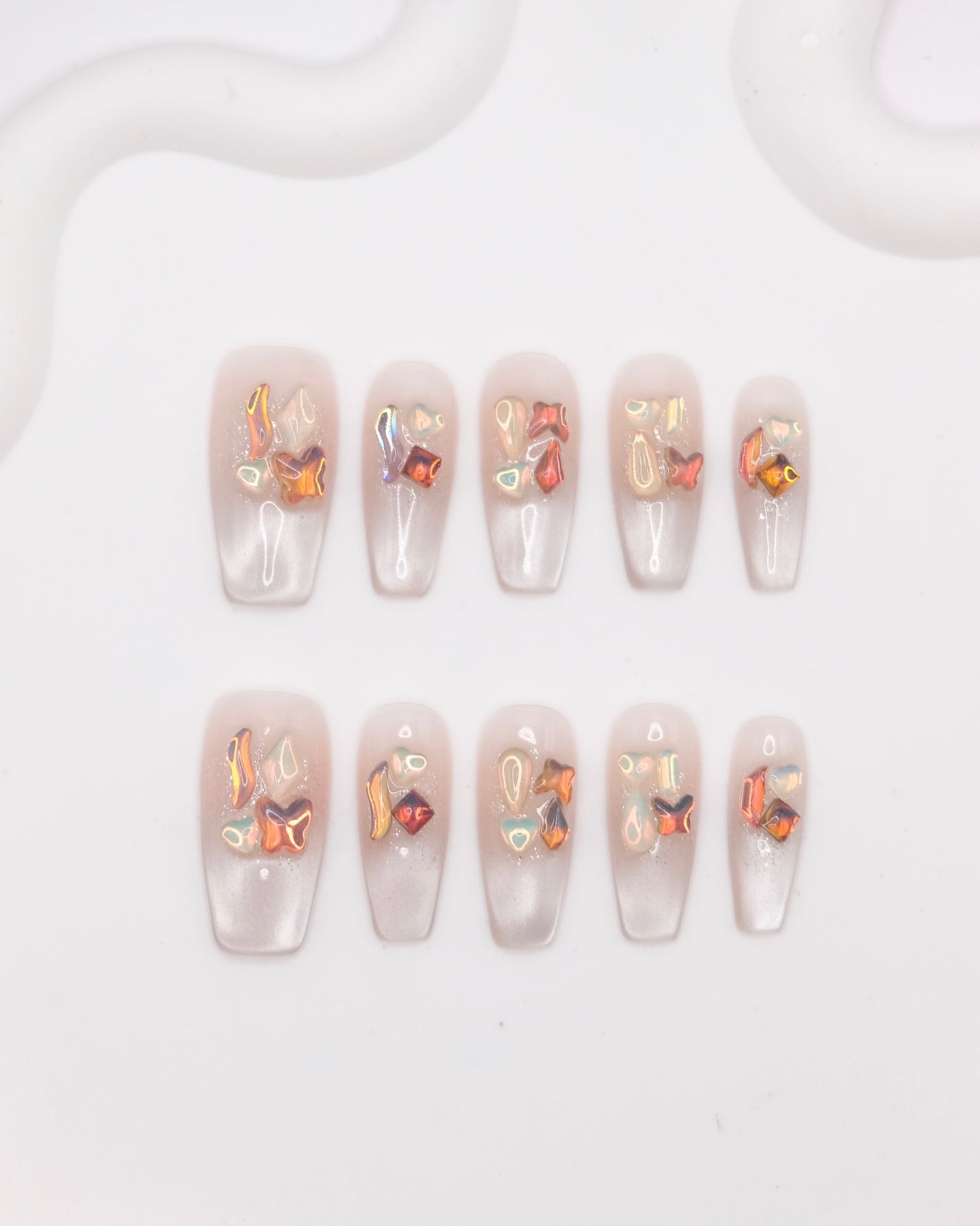Long Coffin Nude Color Base & Colorful Gem With White French Manicure Press On Nails