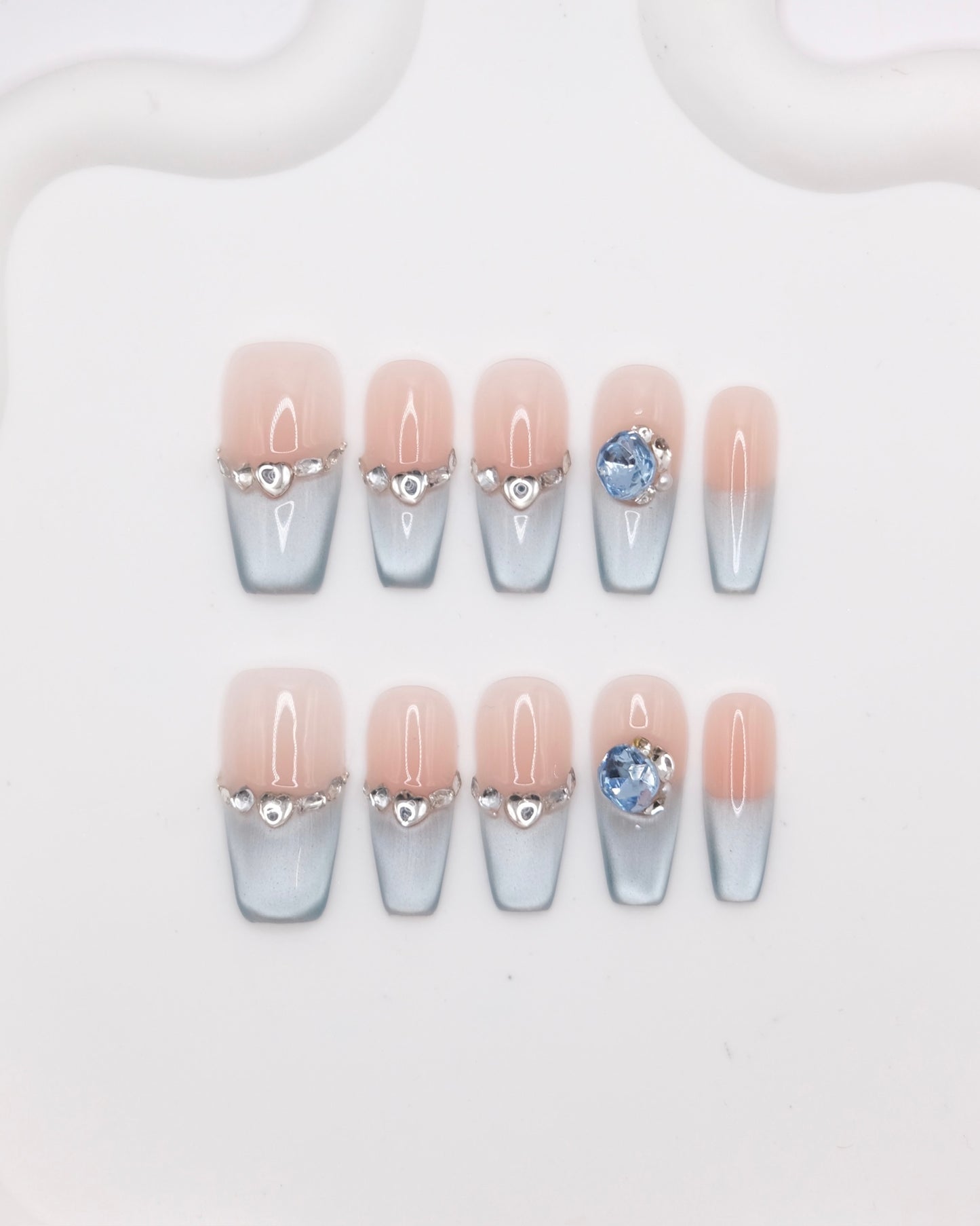 Long Coffin Pink & Blue Cateye With Diamond French Manicure Press On Nails