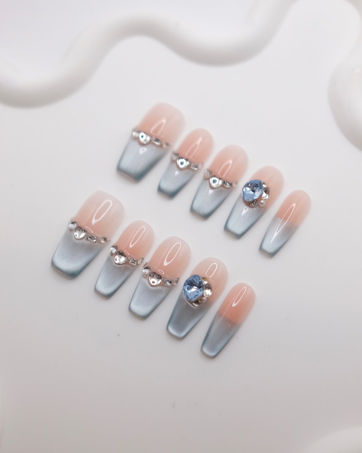 Long Coffin Pink & Blue Cateye With Diamond French Manicure Press On Nails