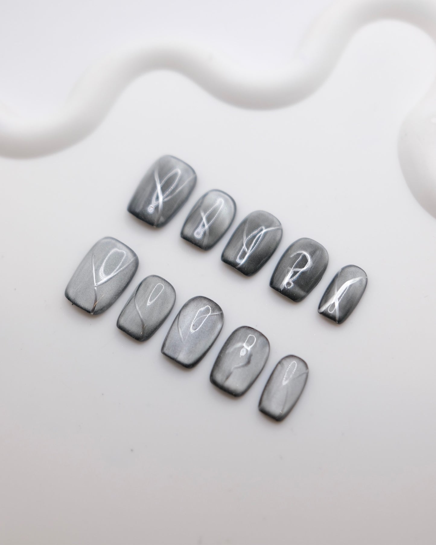 Short Coffin Black Obsidian Cateye Press On Nails