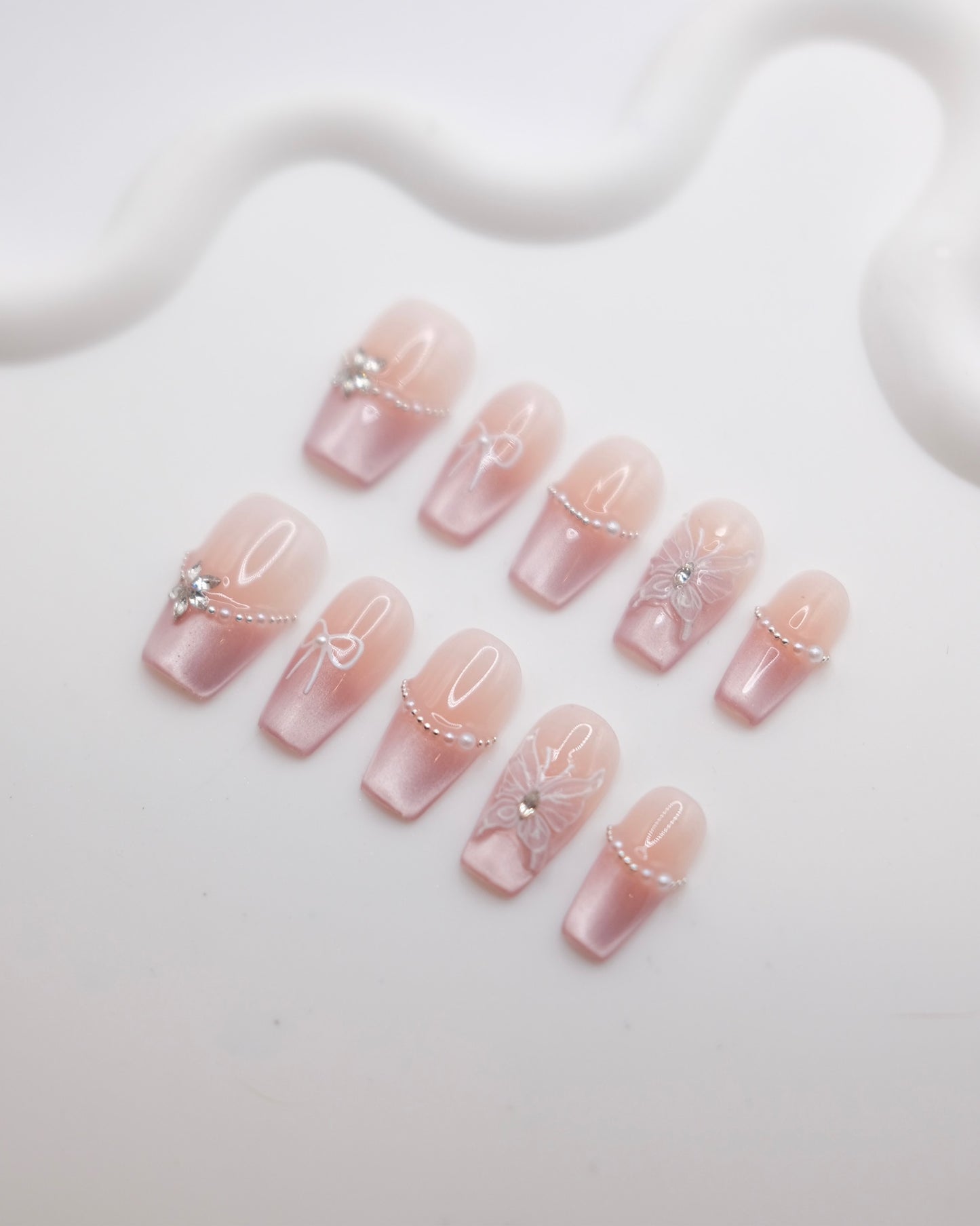 Mid-Long Coffin Pink Cateye Butterfly Press On Nails