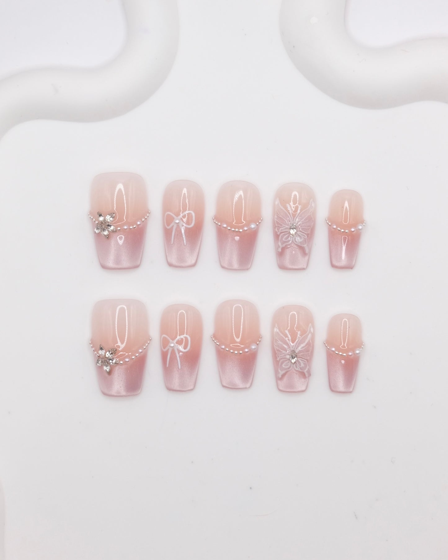 Mid-Long Coffin Pink Cateye Butterfly Press On Nails