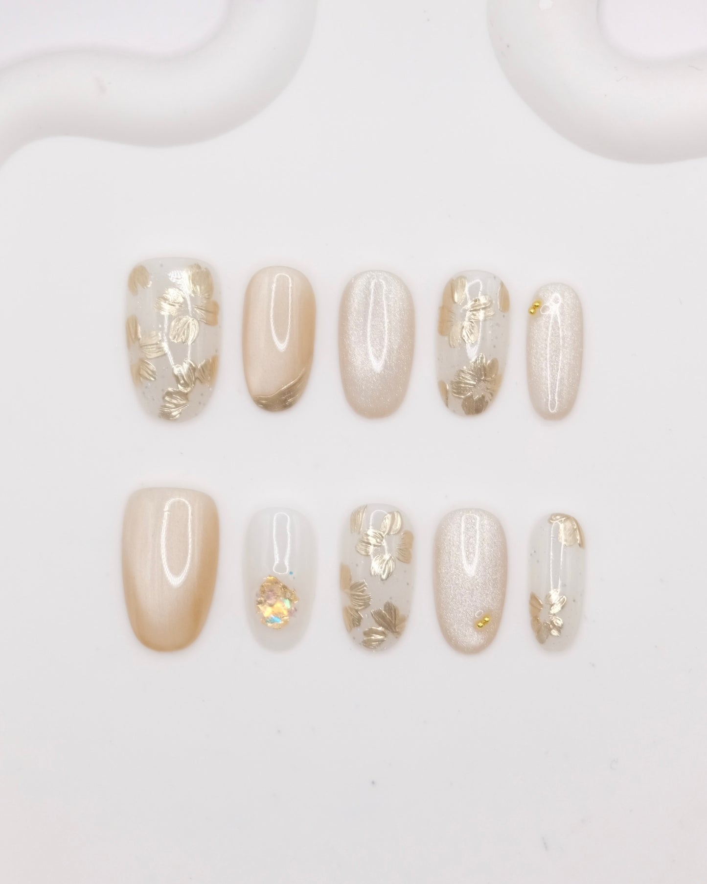 Mid-Long Almond Gold & White Cateye Embossed Flower Press On Nails