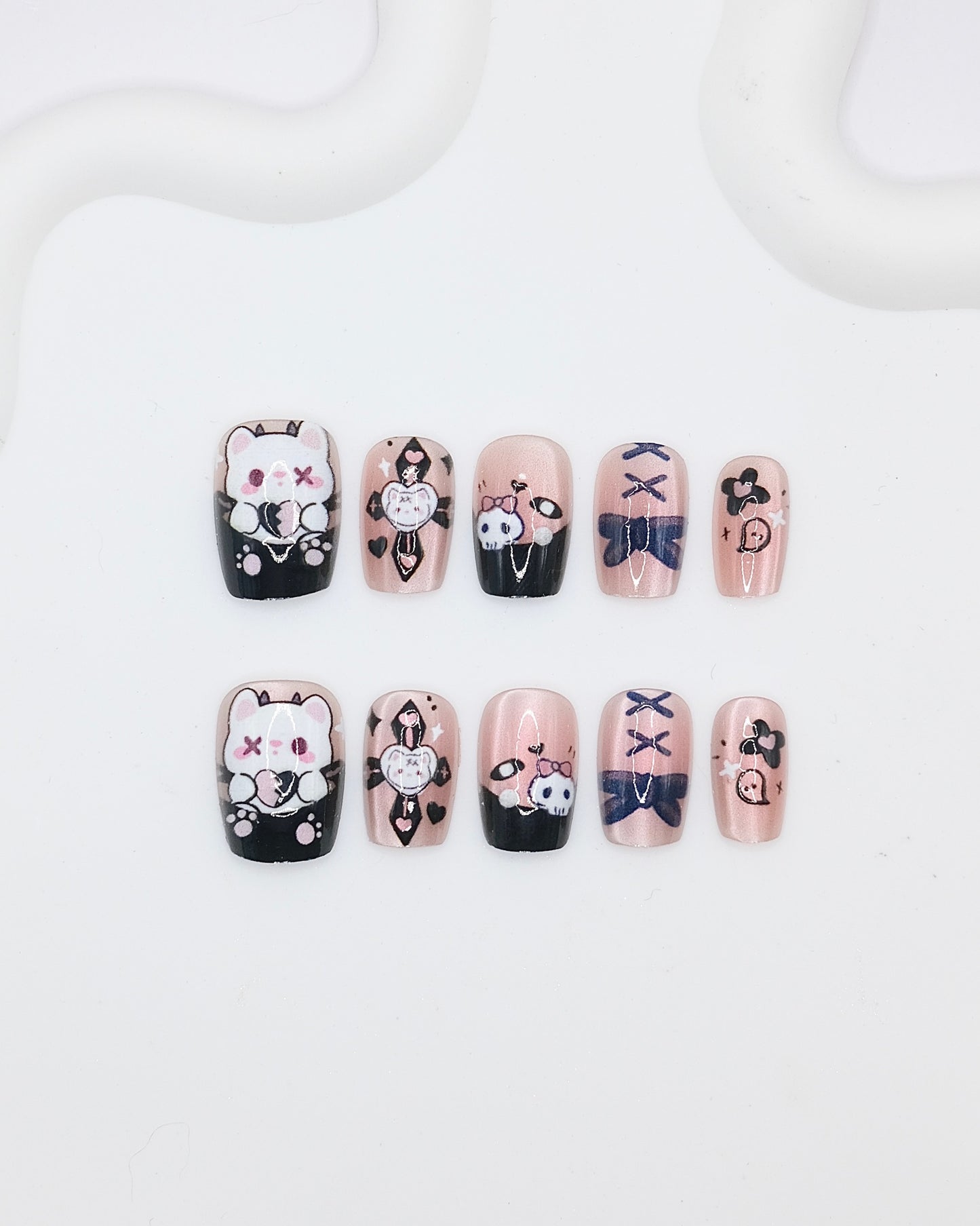 Short Coffin Pink Black Goth Kitty Skull Press On Nails
