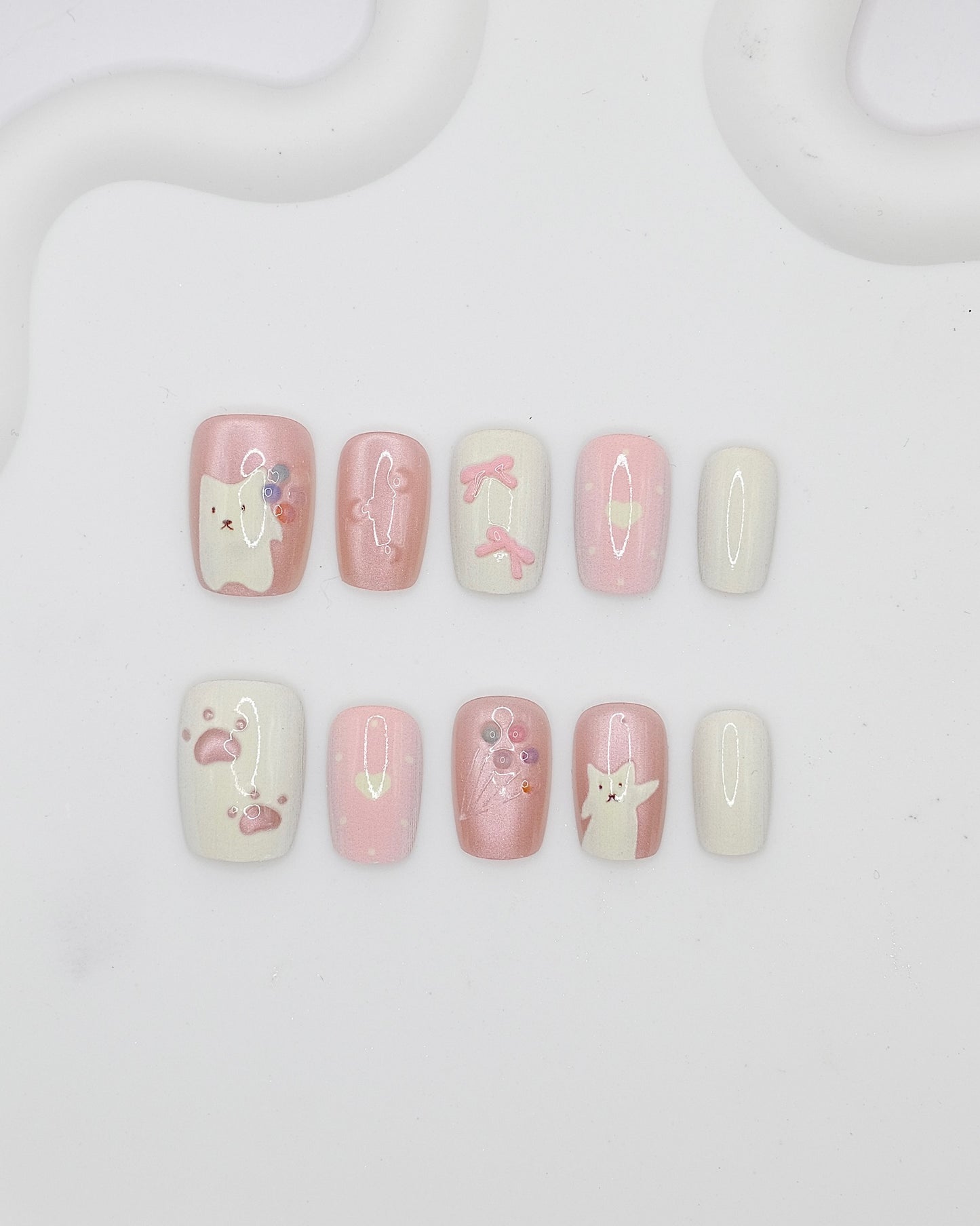 Short Coffin 3D Pink Pearl Cat Bow Press On Nails