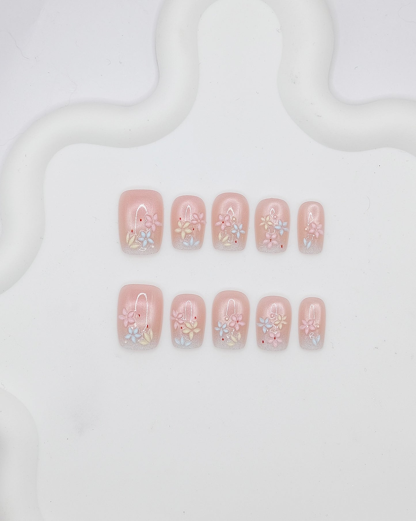 Short Coffin 3D Pink Pastel Flower Press On Nails