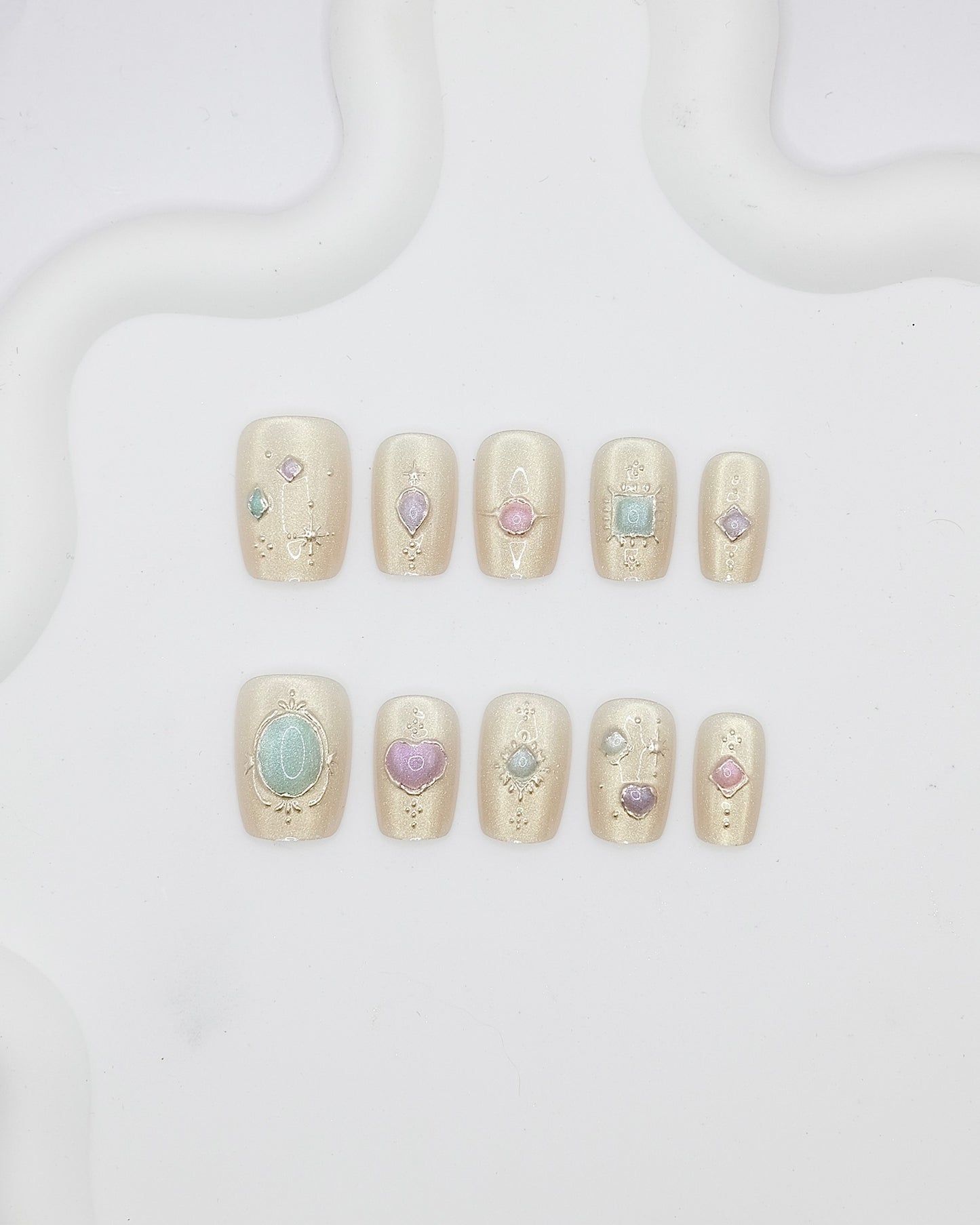 Short Coffin 3D Champagne Pearl Gemstone Press On Nails