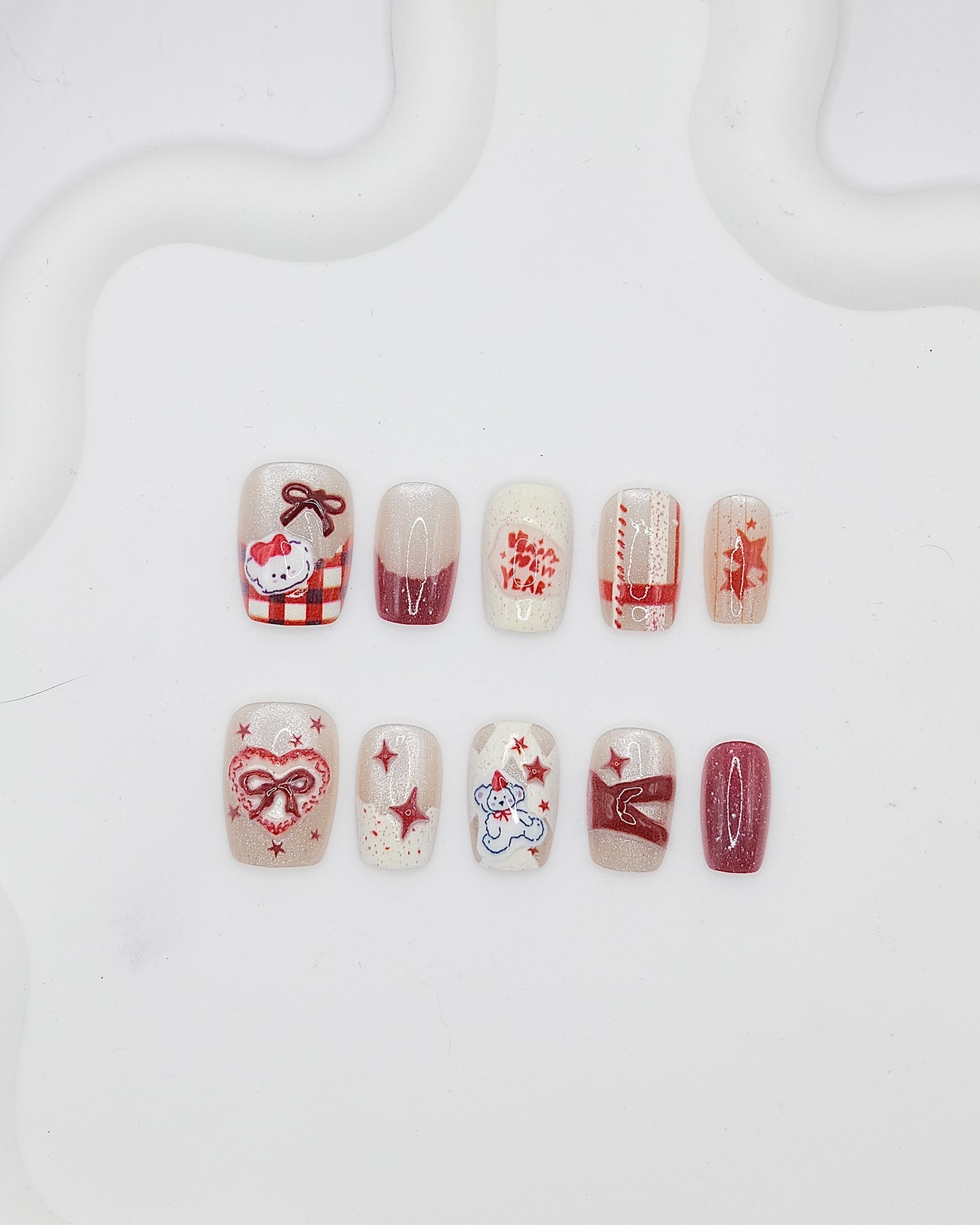 Short Coffin 3D Red Bow Star Bear Press On Nails