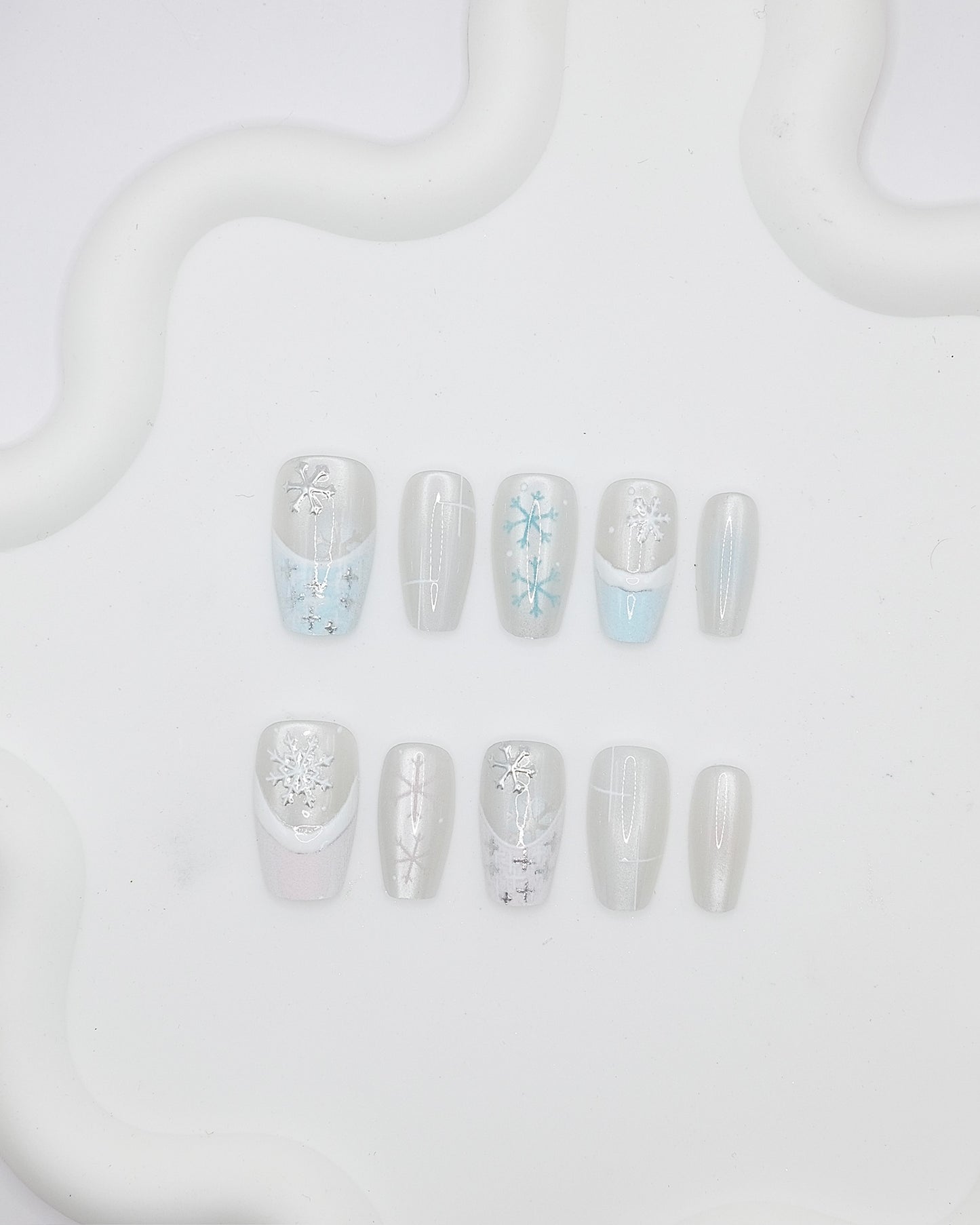 Mid-Long Coffin 3D White Snowflake Press On Nails