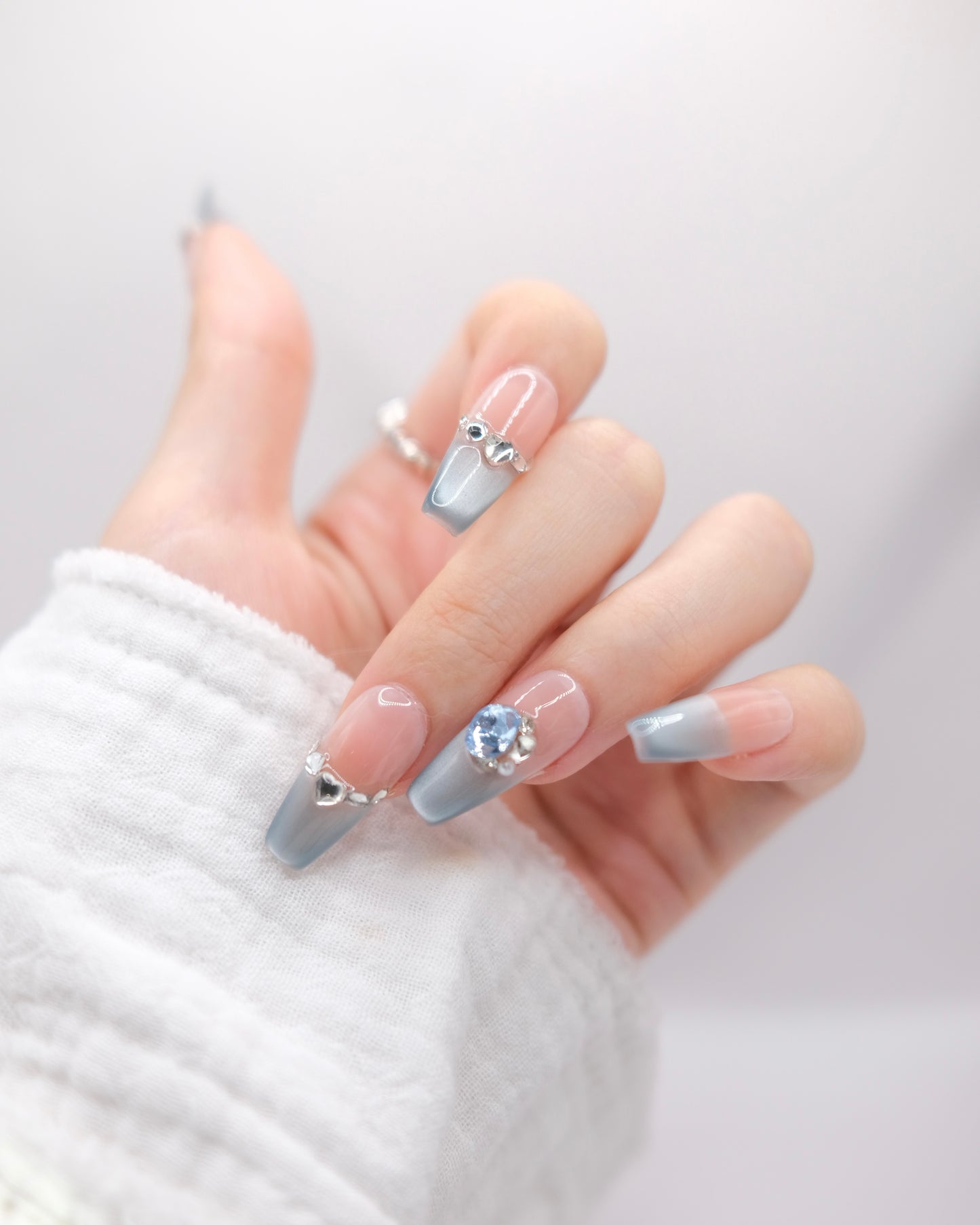 Long Coffin Pink & Blue Cateye With Diamond French Manicure Press On Nails