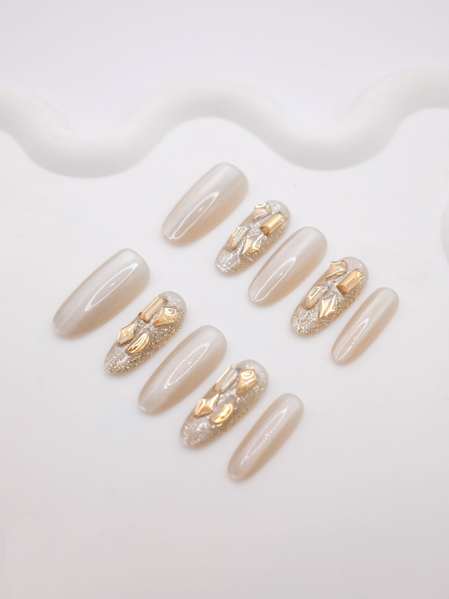 Long Oval Nude Color With Yellow Diamond Press On Nails