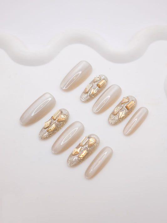Long Oval Nude Color With Yellow Diamond Press On Nails